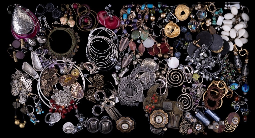 60+ Pairs of Costume Earrings: 60+ pairs of costume jewelry earrings, many stud, all pierced and a variety of designs and styles.