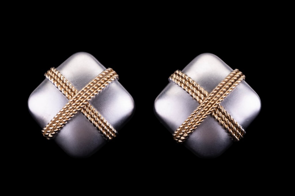 14K Turkish White & Yellow Gold Earrings: 14K (585 marked) Turkish white and yellow gold square post earrings with Omega closure. Measure approx 1". Total weight approx 9.3g.