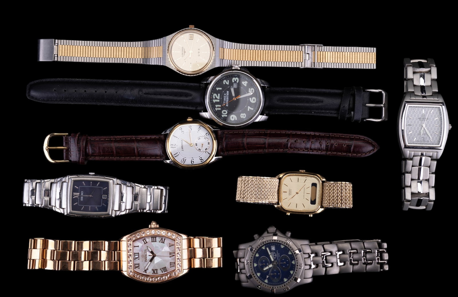 Collectible Wrist Watches: 8 collectible wristwatches including Longines, Timex Expedition, J. Springs, 2 Seiko, Invicta, SUG (chronograph), Helbros.