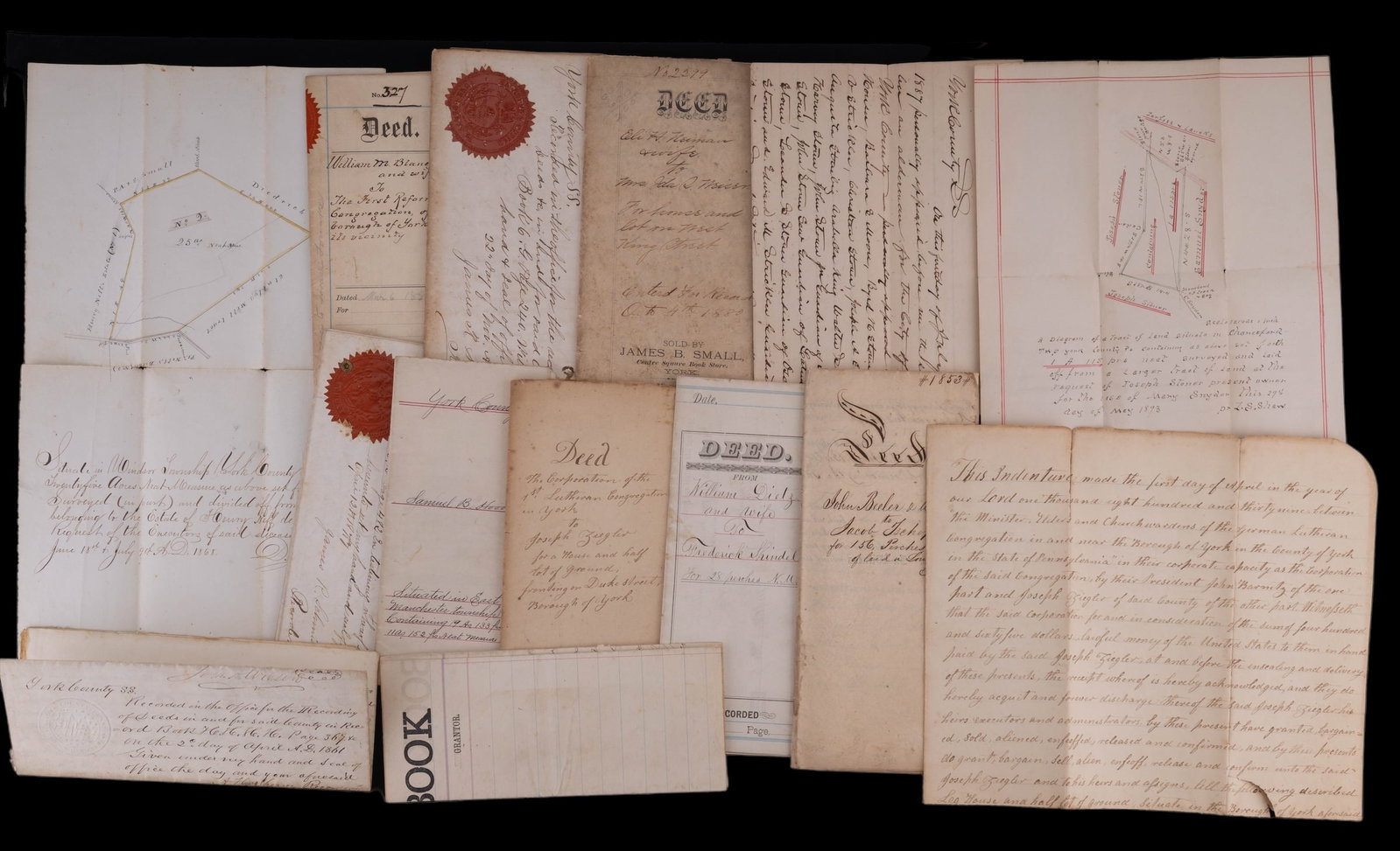 Antique York Penn Deeds, Maps, Ephemera: Antique 19th century deeds, maps and ephemera from the York County, Pennsylvania area.