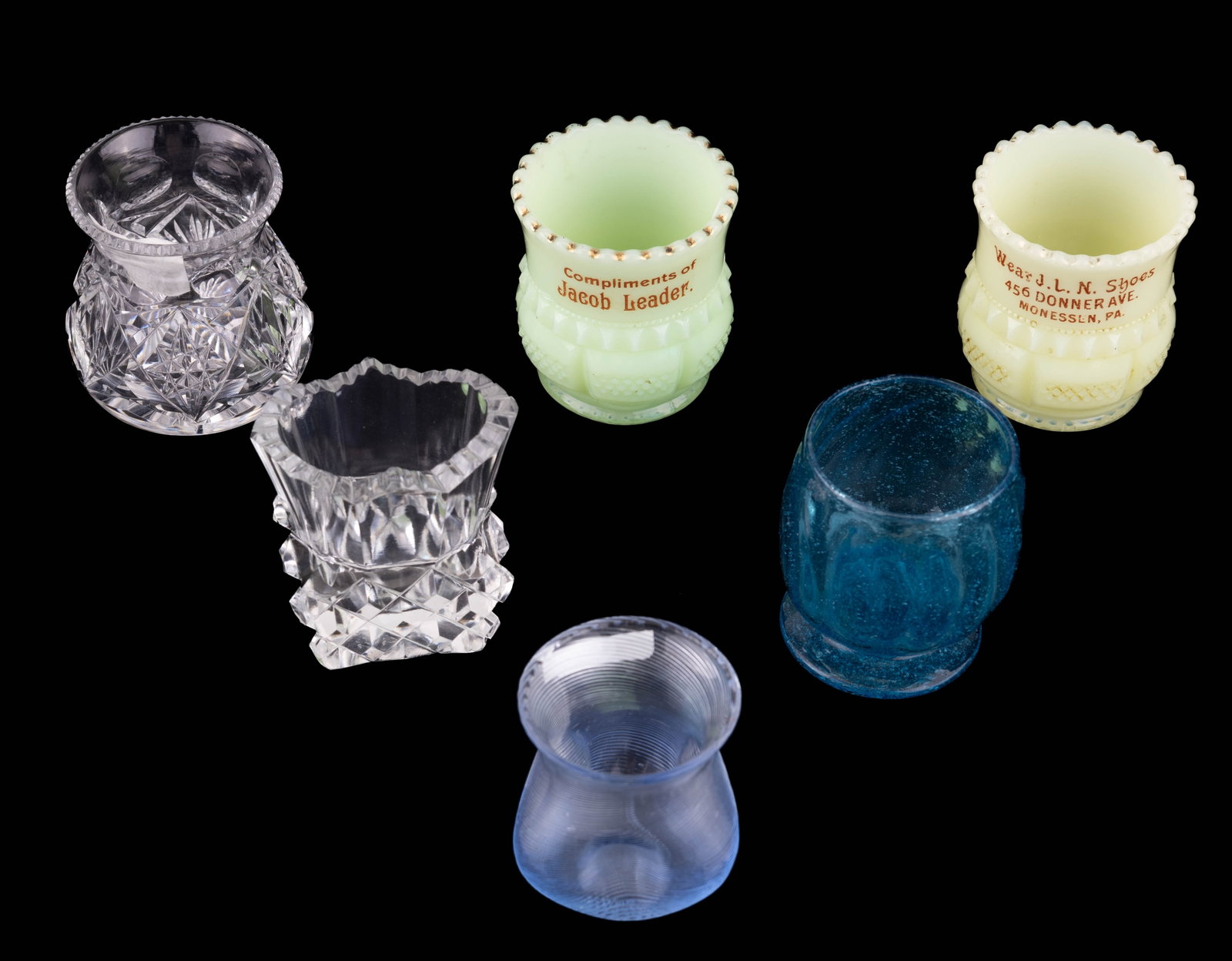 Libbey & Columbia Toothpick Holders: 6 vintage and antique toothpick holders. Names include Libbey (1910-1920), Columbia Tarentum glass (2), and three unsigned, on in a threaded pinched style and one attributed to Libbey or Clark.