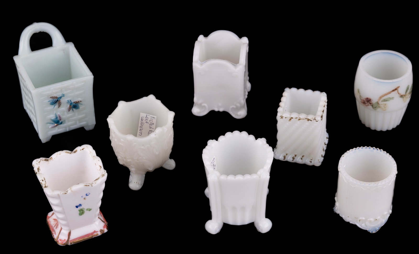Westmoreland, McKee & Other Toothpick Holders: 8 vintage and antique toothpick holders. Designs include (fan-footed scroll), Bees in a Basket (1898), square twist (1900), flute and crown (Westmoreland, 1896), footed palm leaf, square footed (c. 19
