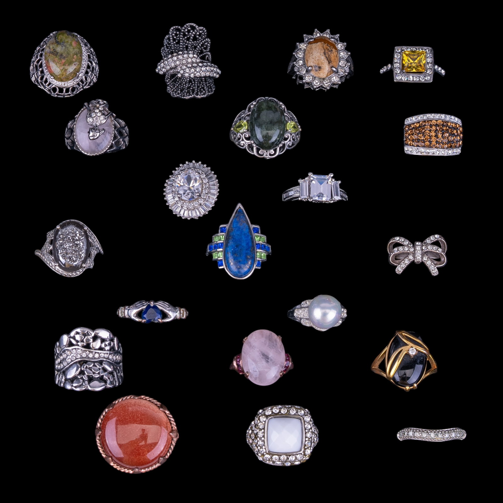 Designer Style Estate Rings: Silver tone and gold tone stainless steel pieces with stones including rose quartz, sandstone, pyrite and Swarovski.