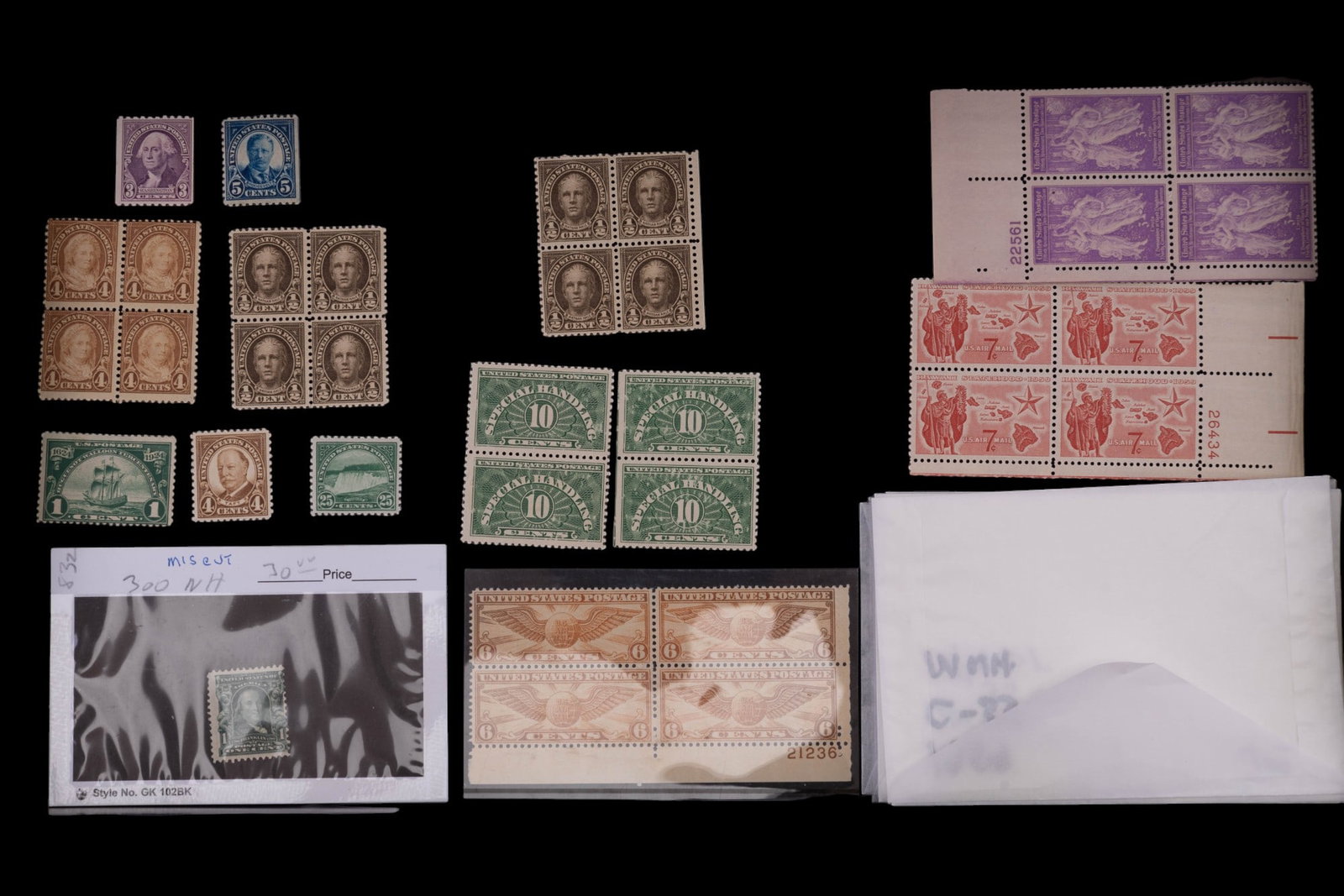 Rare Mint United States Postage Stamps: Lot of scarce and rare U.S. postage stamps including (4) 10 cent, (4) 7 cent, (4) 6 cent, (1) 25 cent, (5) 4 cent, 3 cent (1), 5 cent (1), 1 cent (2) and (8) half cent.