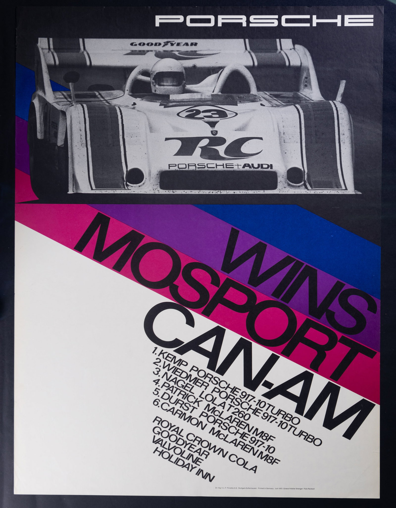 1973 Porsche Mosport Can-An Racing Poster: Porsche Wins Mosport Can-An 1973 vintage racing poster designed by Strenger. Has a small tear at the top.