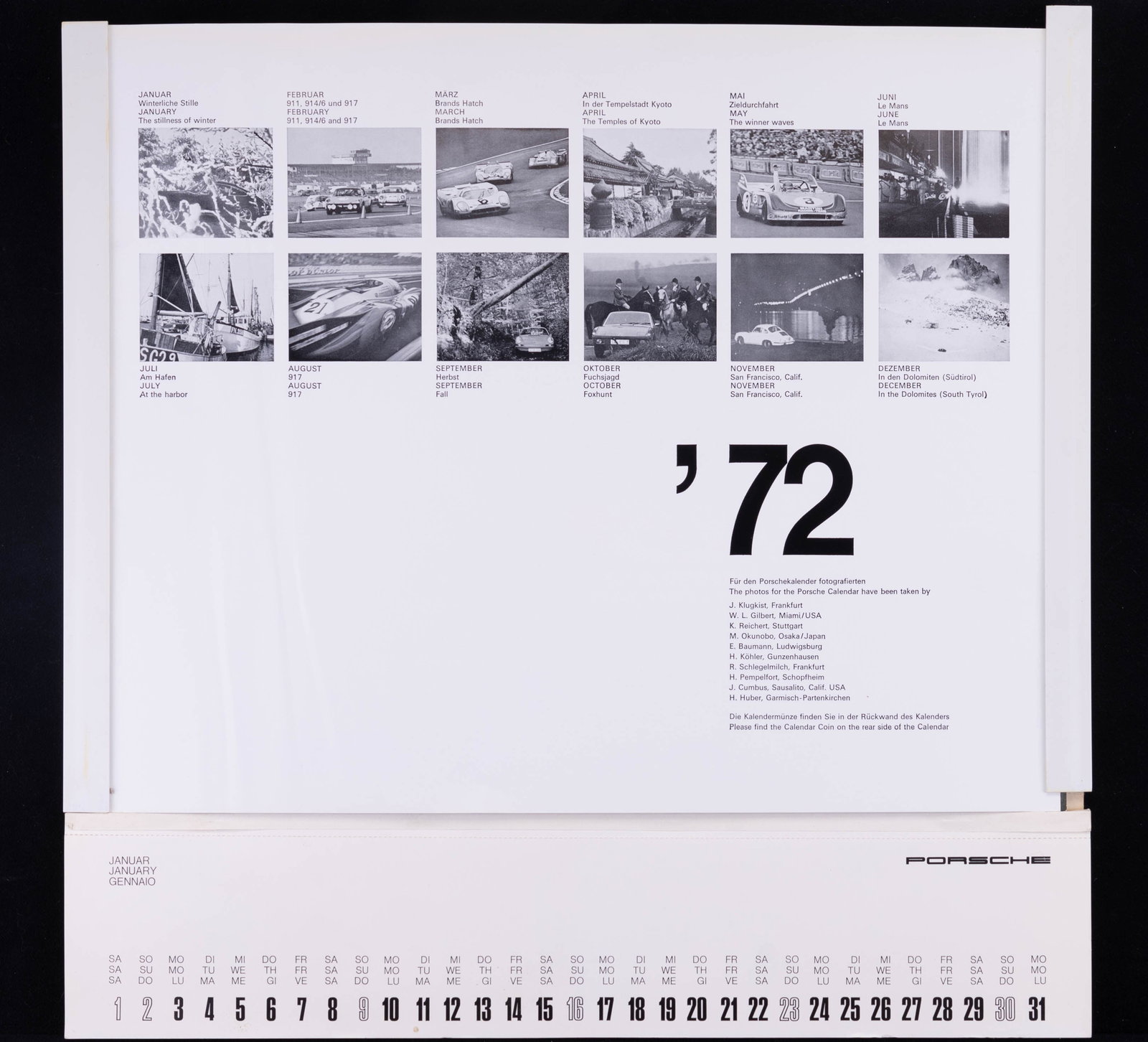 1972 Porsche Calendar w/1948 CommemorativeCoin: 1972 Porsche calendar measuring approx 17 3/4" x 18". In original sleeve mailer. 12 frameable poster / prints. Has a thin plexiglass cover across front to protect current month print. Months can rip o