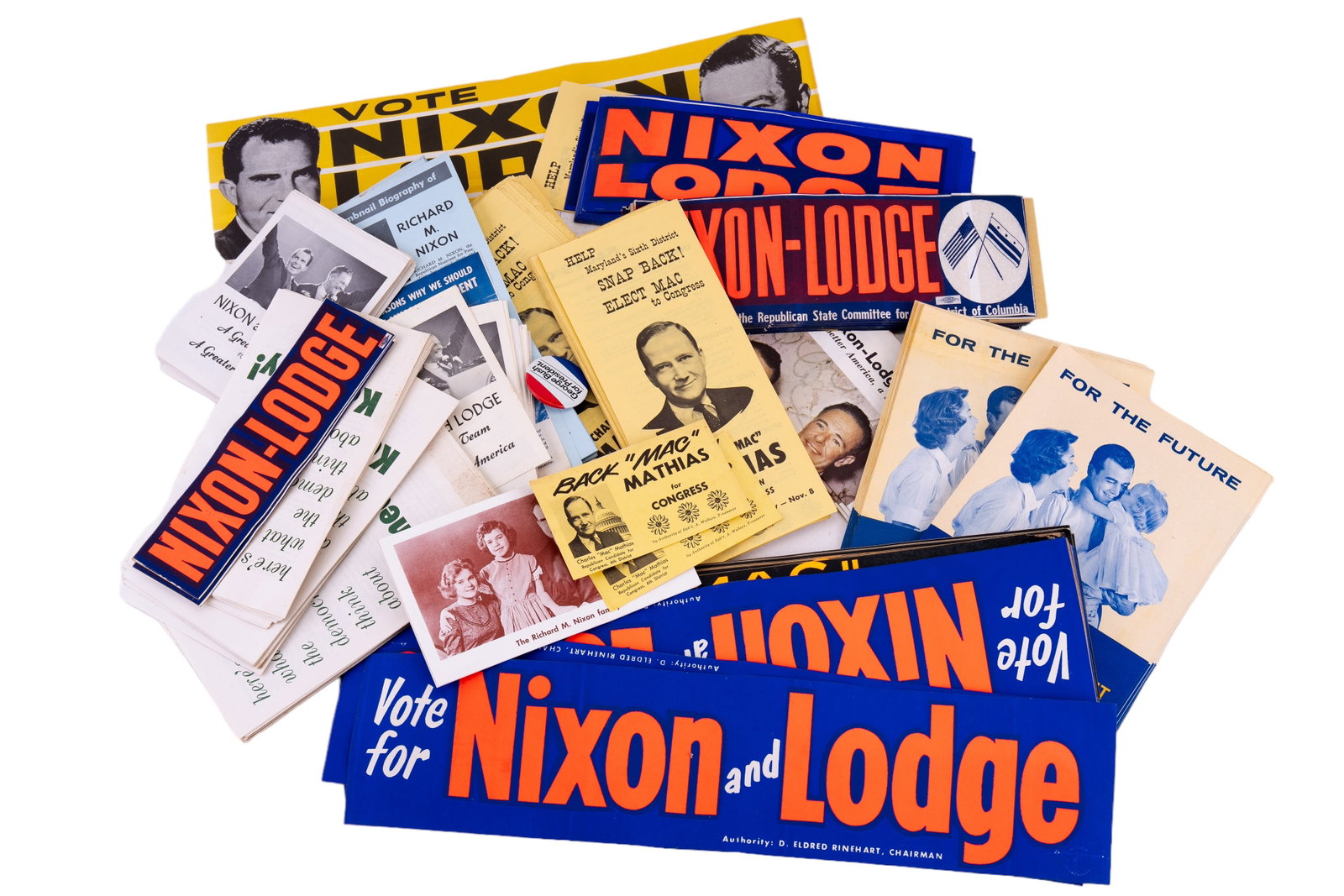 Nixon-Lodge 1960 Campaign Ephemera: Approximately 200 pieces of Nixon-Lodge 1960 presidential campaign political ephemera including bumper stickers and pamphlets. Also includes additional political ephemera for US Senator from Maryland 