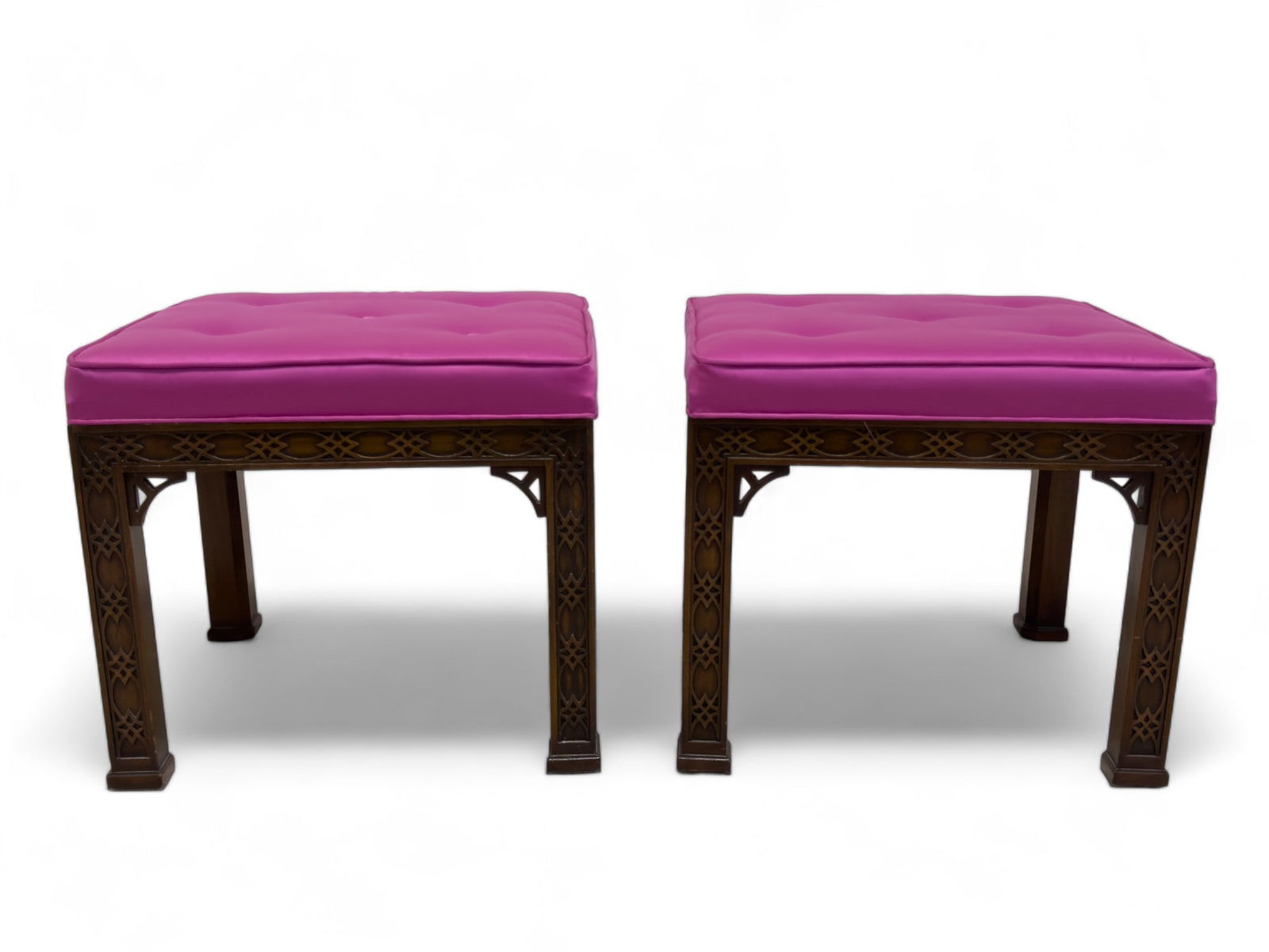 Kindel Pink Sofa Cushion Stools (2): Two Kindel stools with pink cushions. Measures approx. 18? wide, 16? deep, and 16? high.