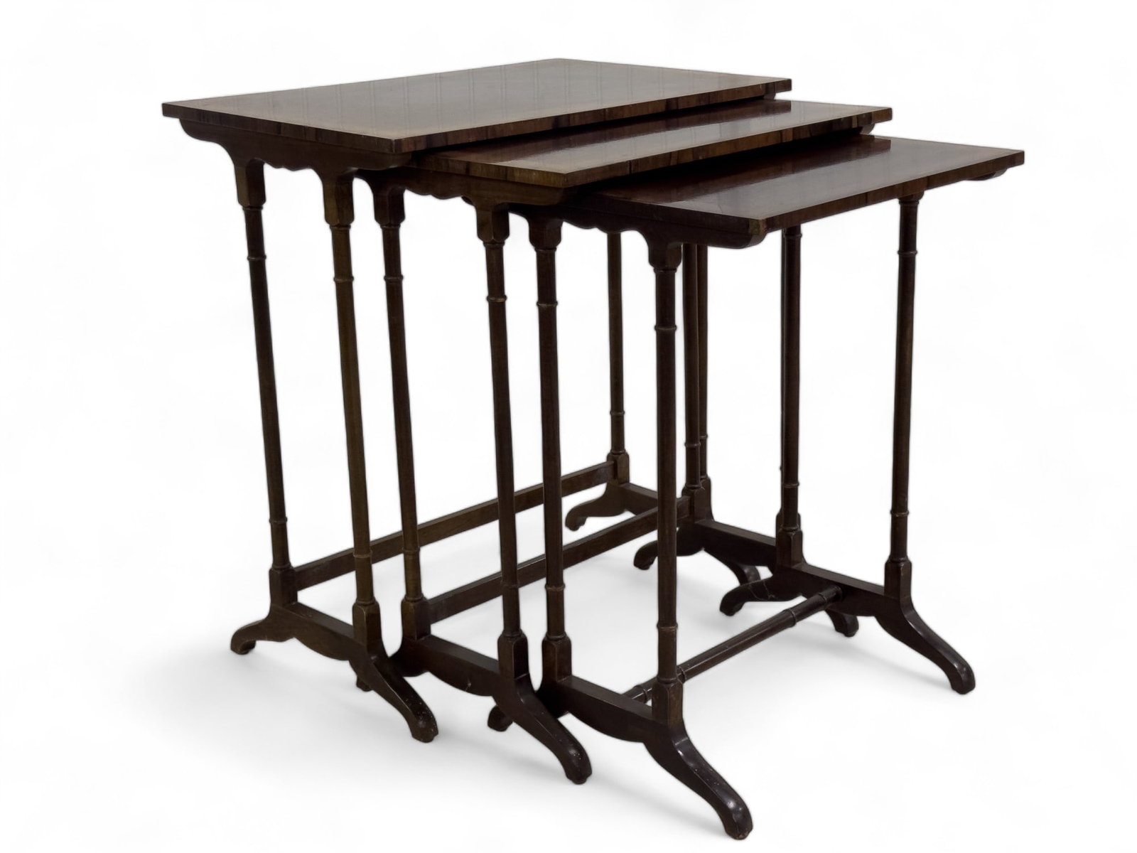 5 Nesting Tables w/ Inlay: Set of 5 nesting tables made from walnut. Tallest measures approx. 26.5? high, 24? wide, and 16? deep. Seem to be in good condition.