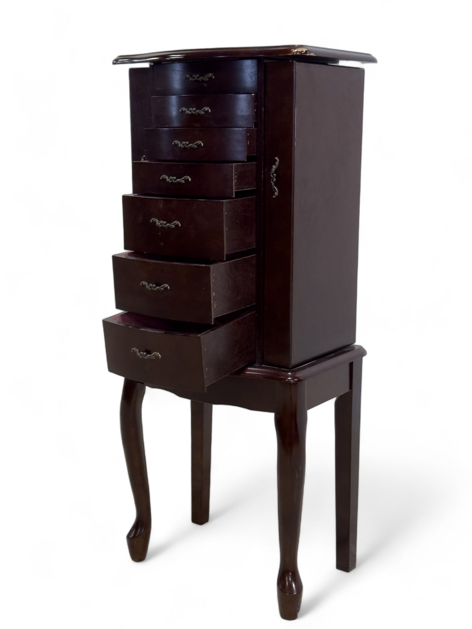 Small Jewelry Chest w/ Two doors: Small jewelry chest with some damage to top corner, and mirror in top compartment. Measures approx. 36? high, 16.5? across, and 11? deep.