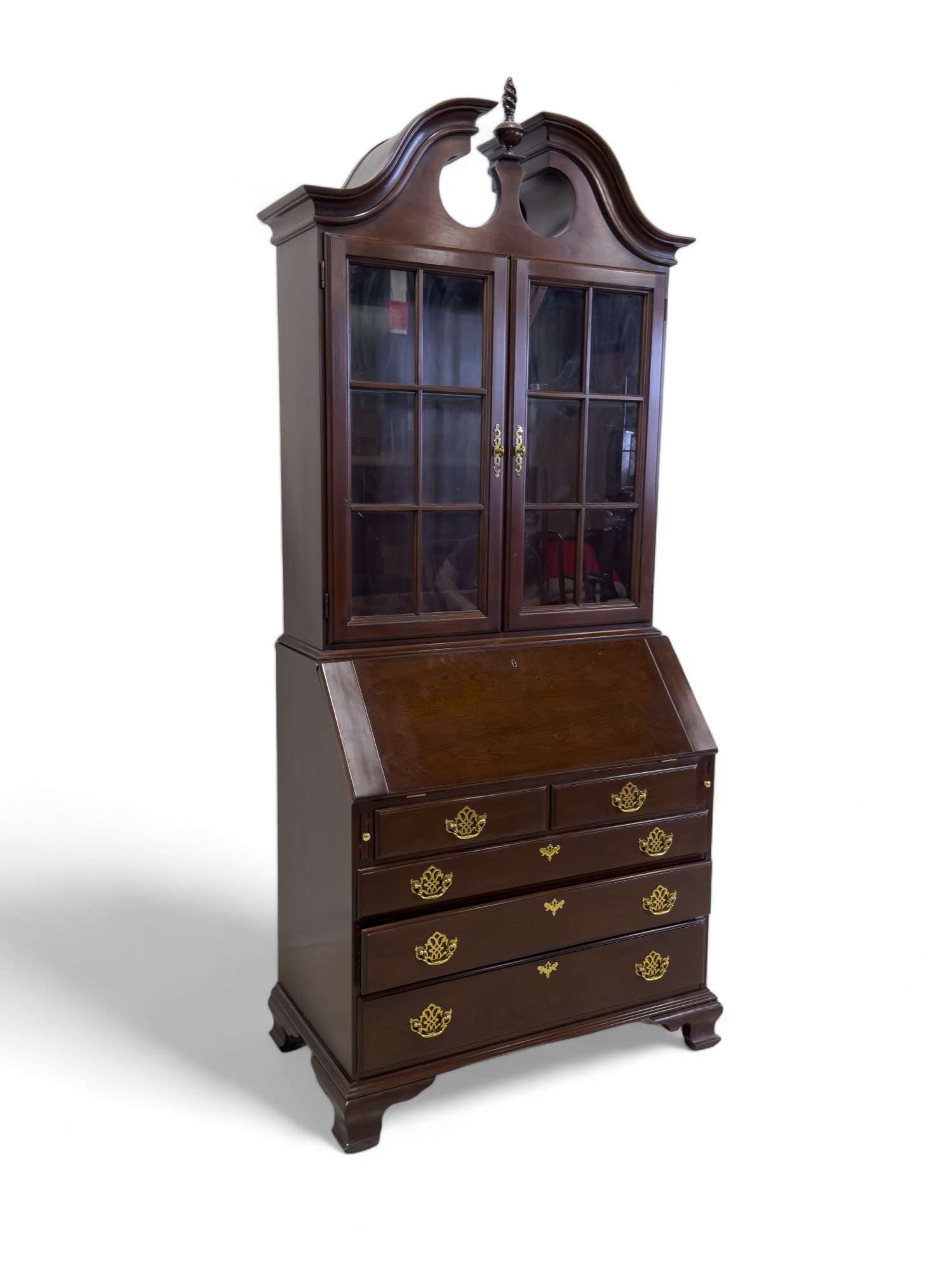 Two Piece Harden Secretary Desk: A Harden two piece secretary desk with glass shelves included. Measures approx. 86? high, 37? across, and 20? deep. Desk in good condition, glass and shelves both intact.