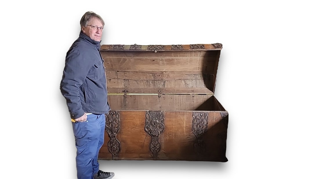 Huge Dome Top Chest with Heart Shaped Lock: Late 18th to early 19th Century large dome top chest measuring approx. 33? H x 62? W x 30? D. Very nice metal d?cor with vase like vessels in design.