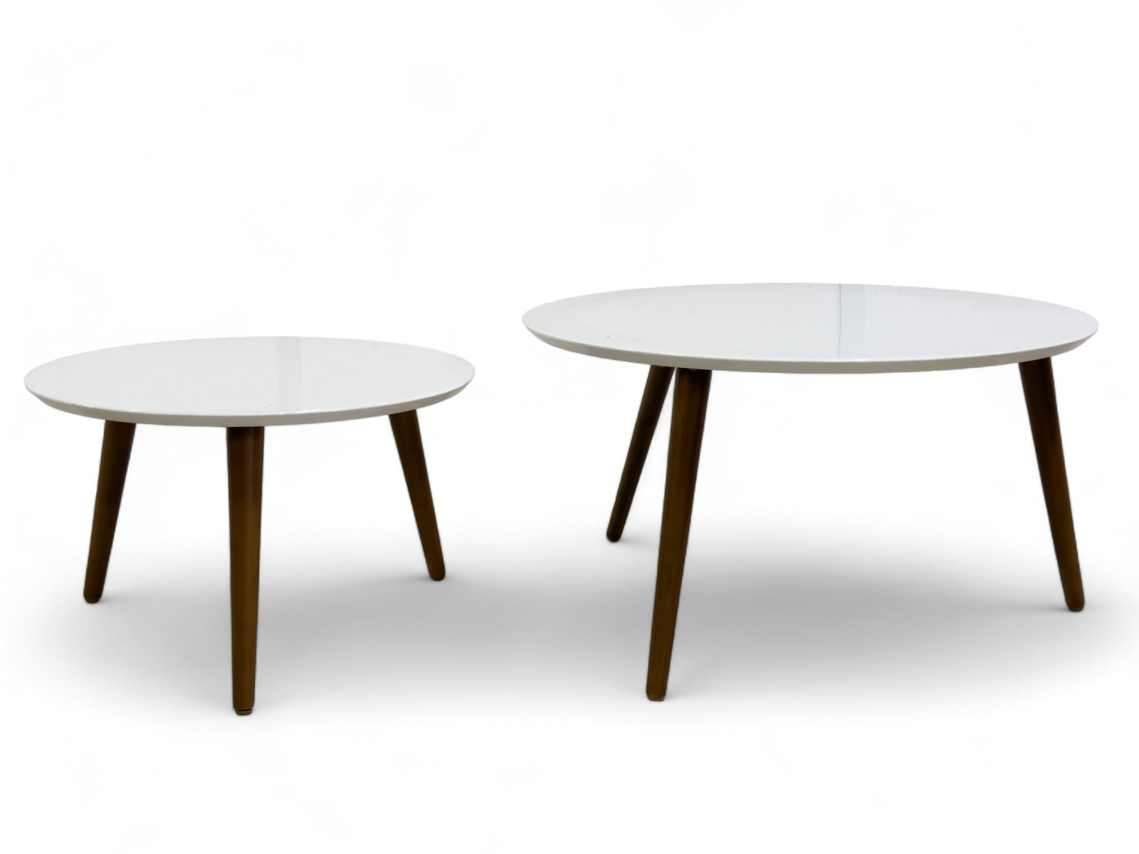 Mid Century Modern Style Coffee Tables (2): Two mid century modern tables, one higher than the other. White tops in good condition.