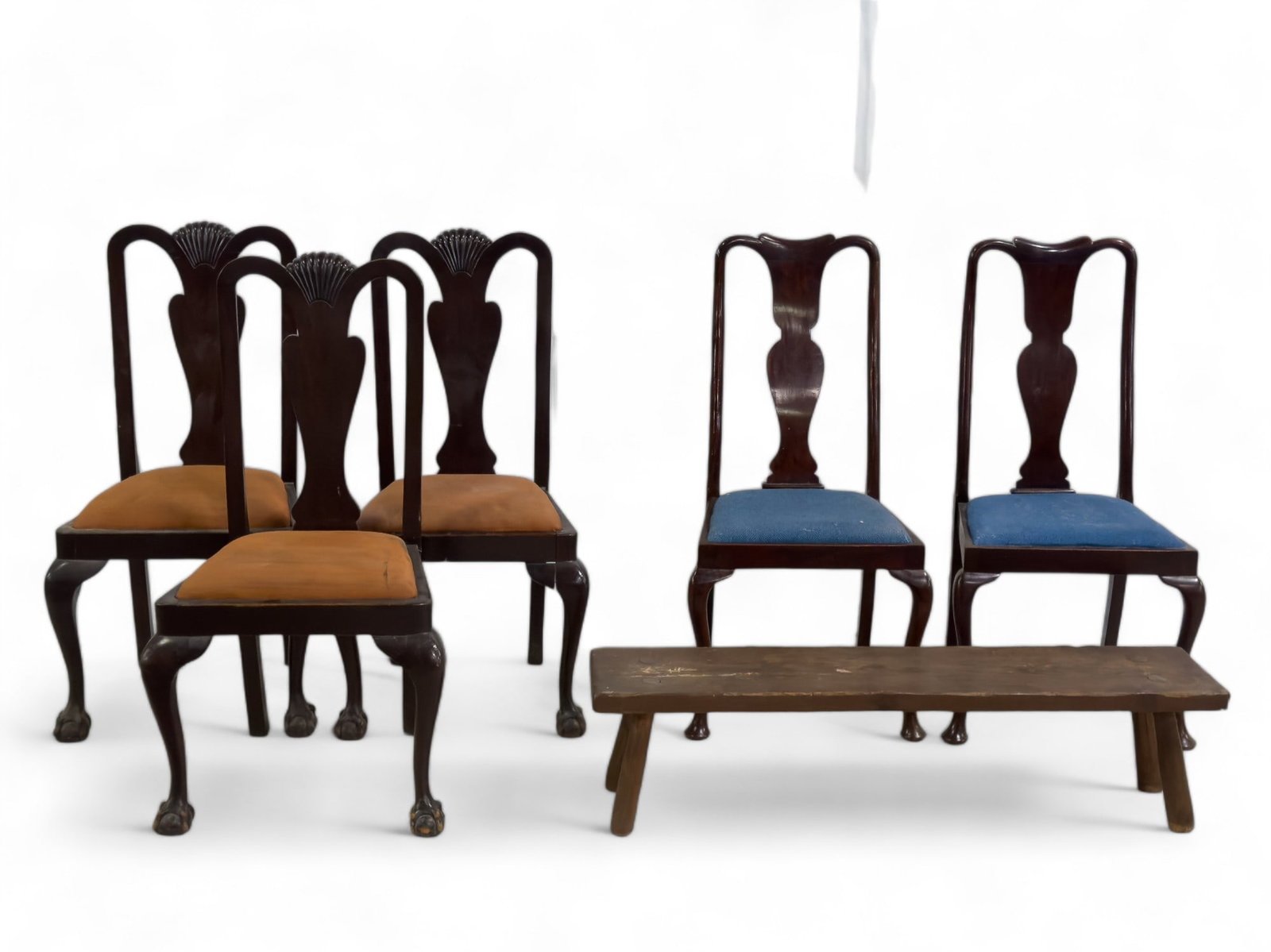 Chippendale Style Side Chairs and Kneeler: Grouping includes a number of queen Anne style chairs, along with another group of Chippendale style claw foot side chairs. Bench has two loose legs (needs glue). Largest chair 44? high, 22? across, a