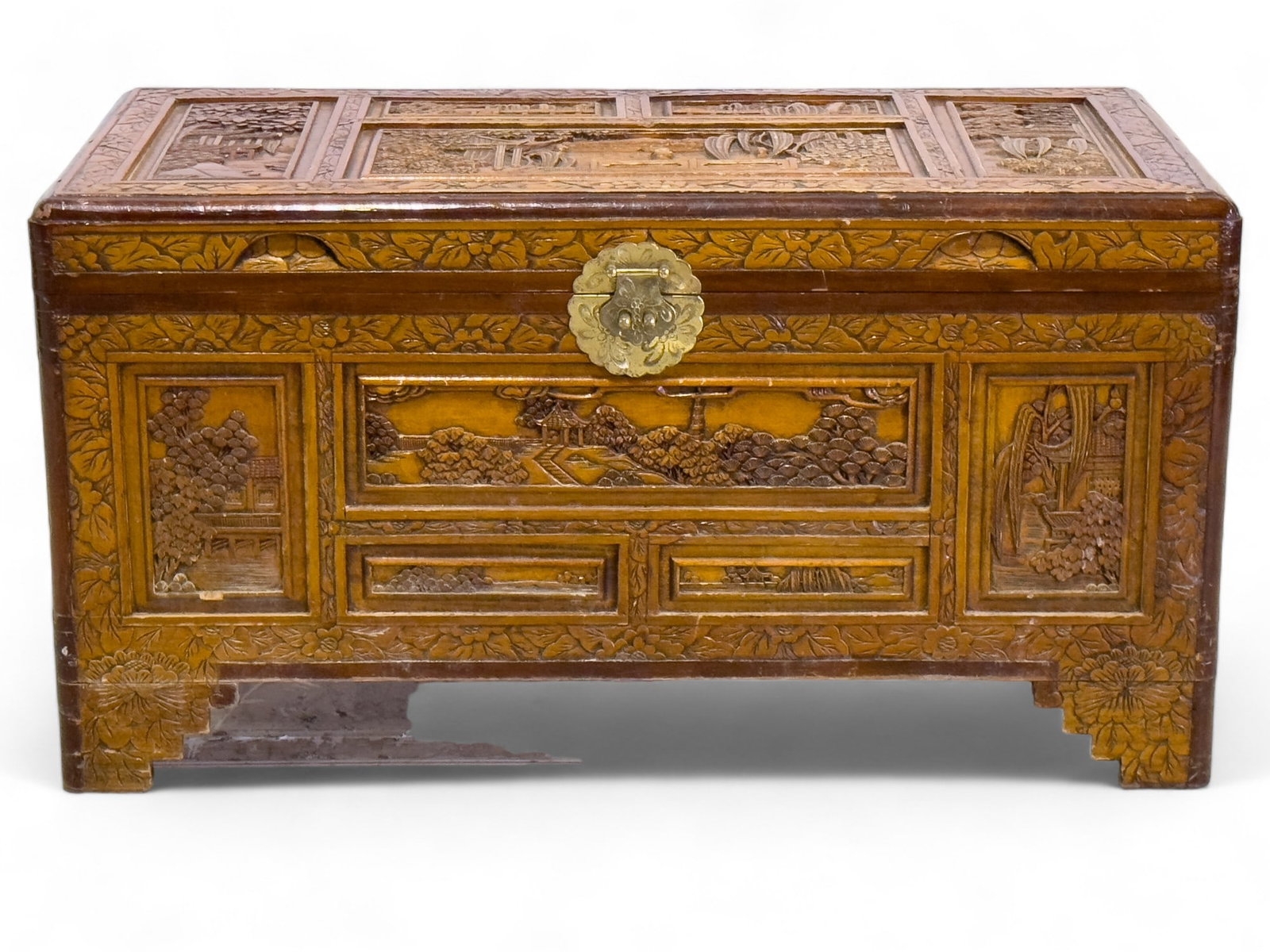 Carved Chinese Blanket Chest: Carved Chinese Blanket Chest with Chinese daily Life scenes carved into 18.5"h 34.5"w 18"d