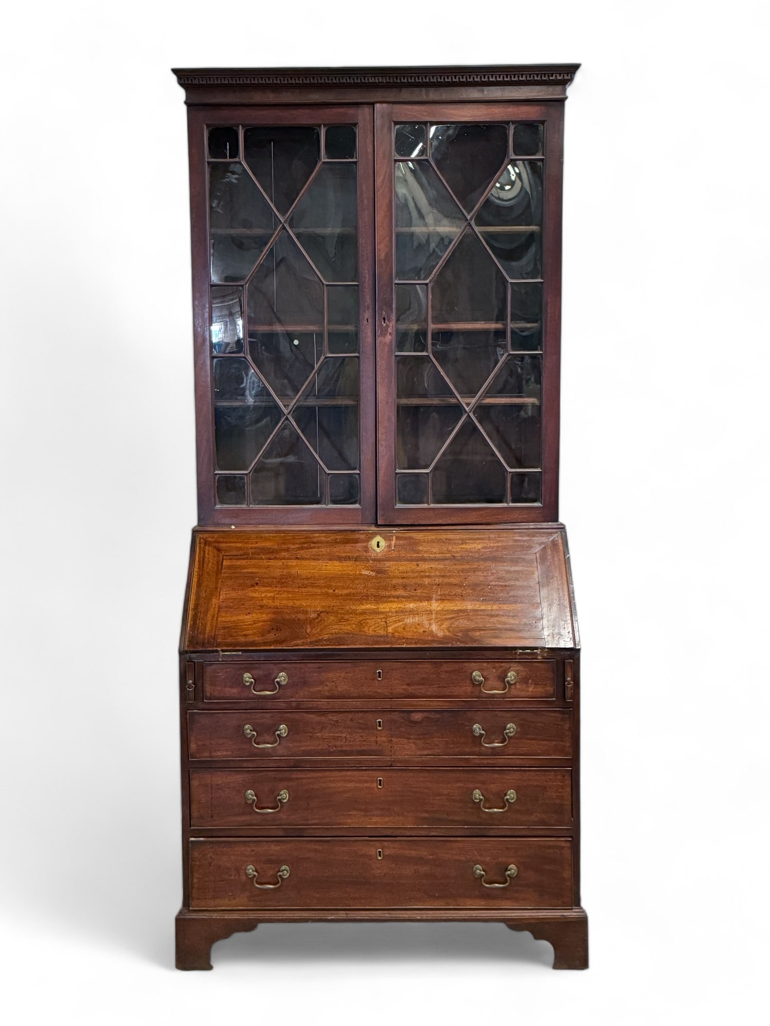 English 18th C Secretary Desk with Original Pulls: English 18th C Secretary Desk with Original Pulls and replace backboards at the base and a few cracked panes of glass 88"h x 38"w x 20.5" d"