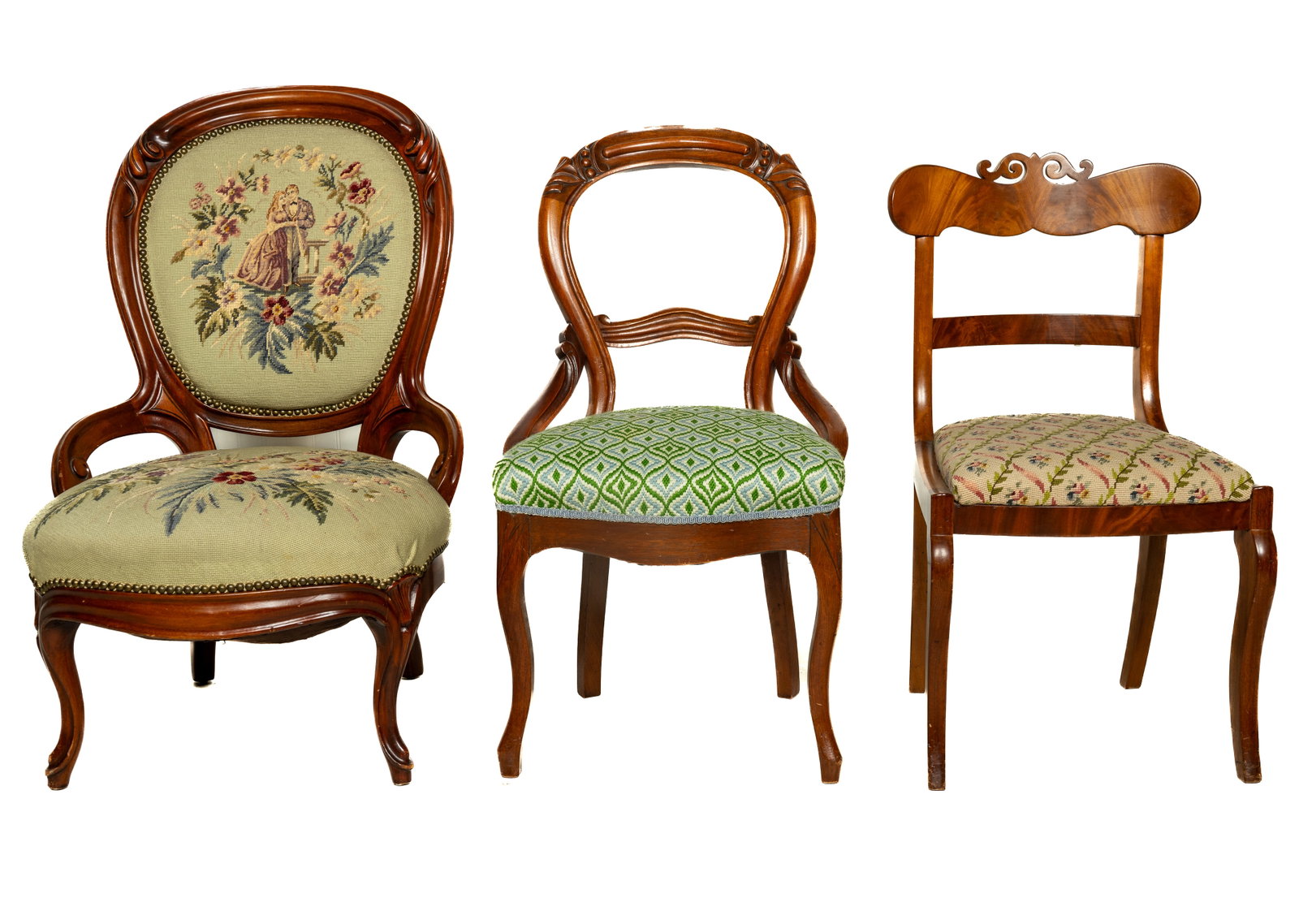 Three Victorian Needlepoint Chairs: 3 Victorian needlepoint chairs. Largest features a couple with green background and floral decor. Also includes a side chair with a crack in wood and geometric pattern.