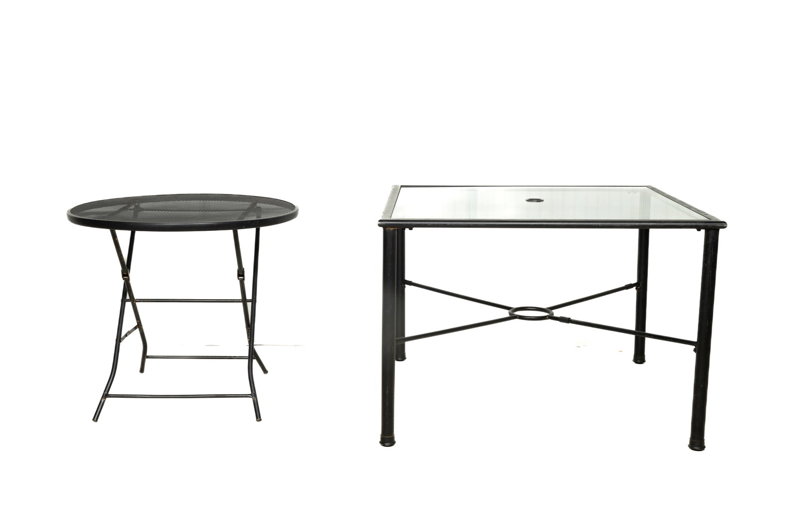 Metal Patio Table w/ Glass Top plus Bistro Table: The metal patio table is black and approx 29" H x 42" square. The folding patio table is approx 32" diameter.