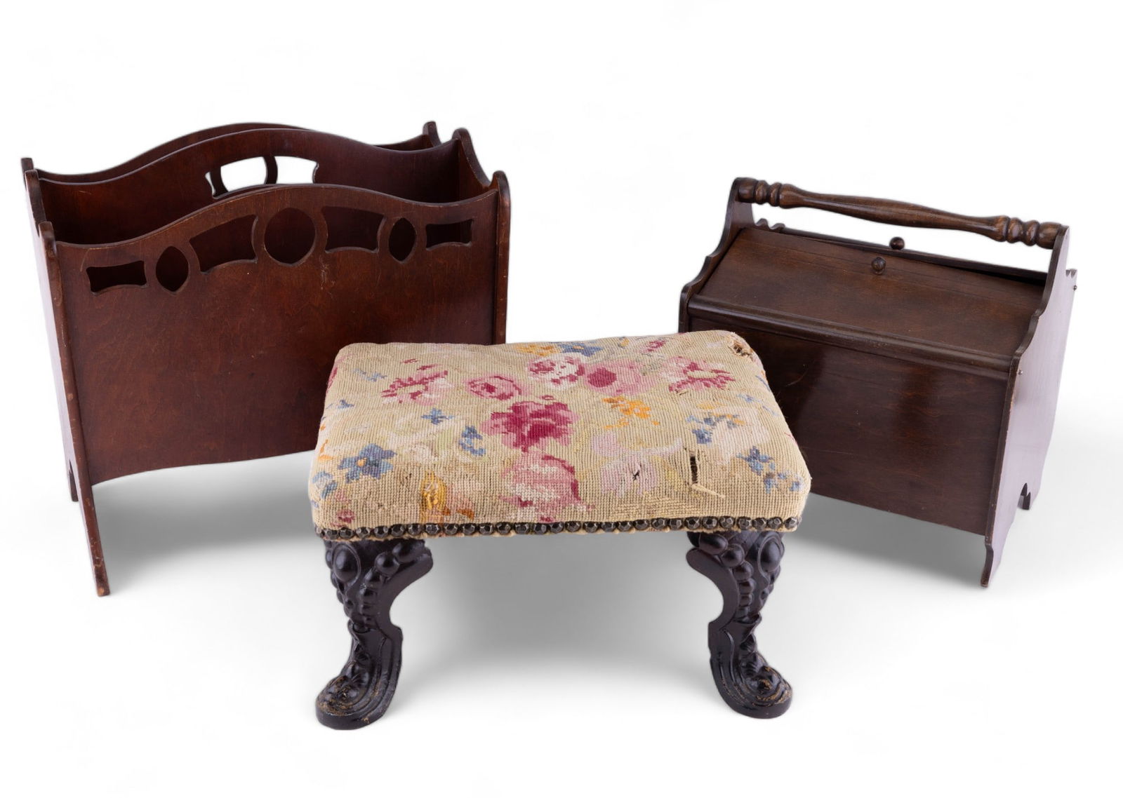 Antique & Vintage House Furniture Smalls: Three house / living room items including small stool with hand embroidered top and has cast iron feet (approx 9" H), wooden magazine stand and wooden sewing box holding contents. The stool has wear o