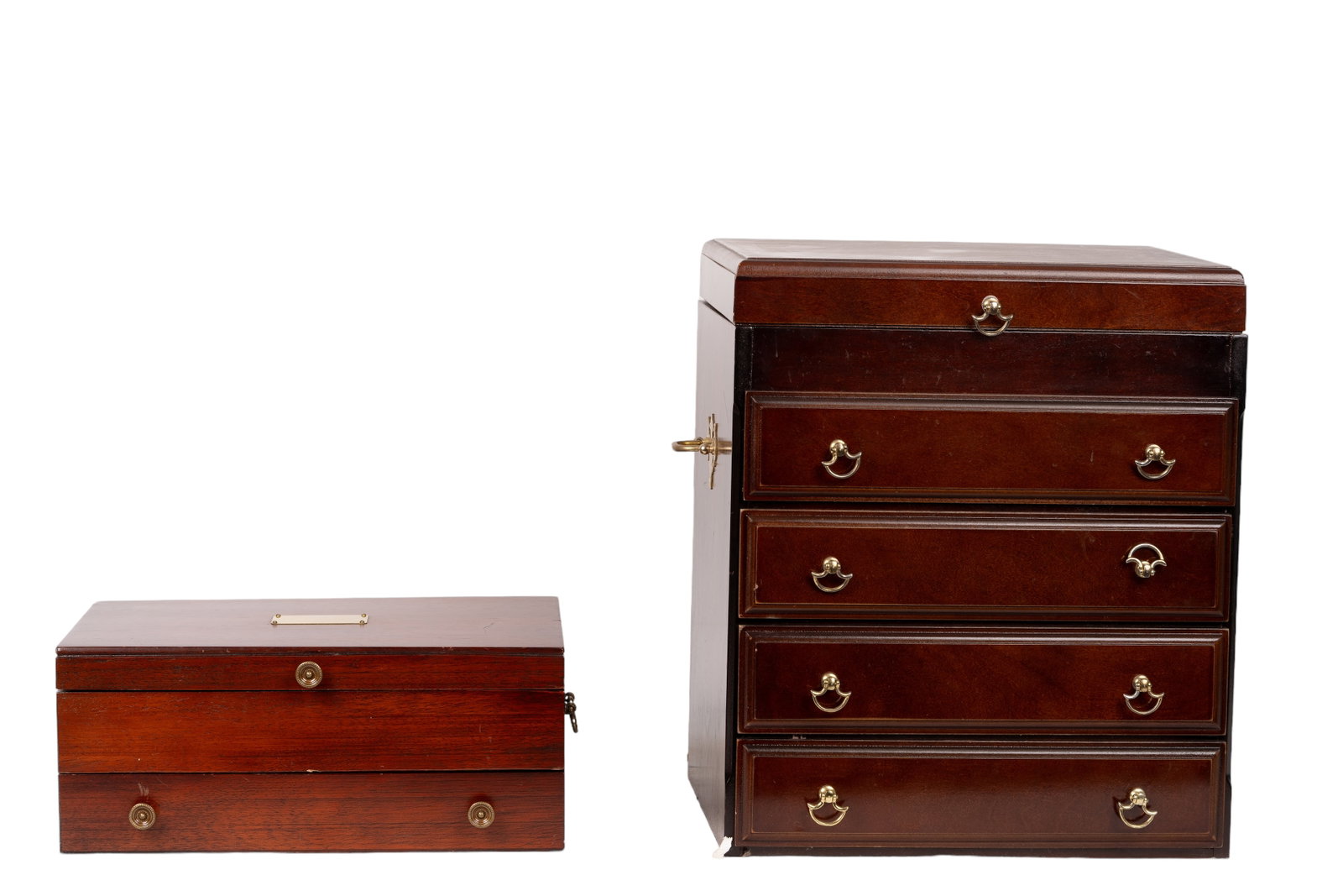 Wood Flatware Storage Chests (2): Two wooden flatware storage chests for flatware storage and four drawers below. Measures approx 17.5" H x 15" W x 13.5" D.