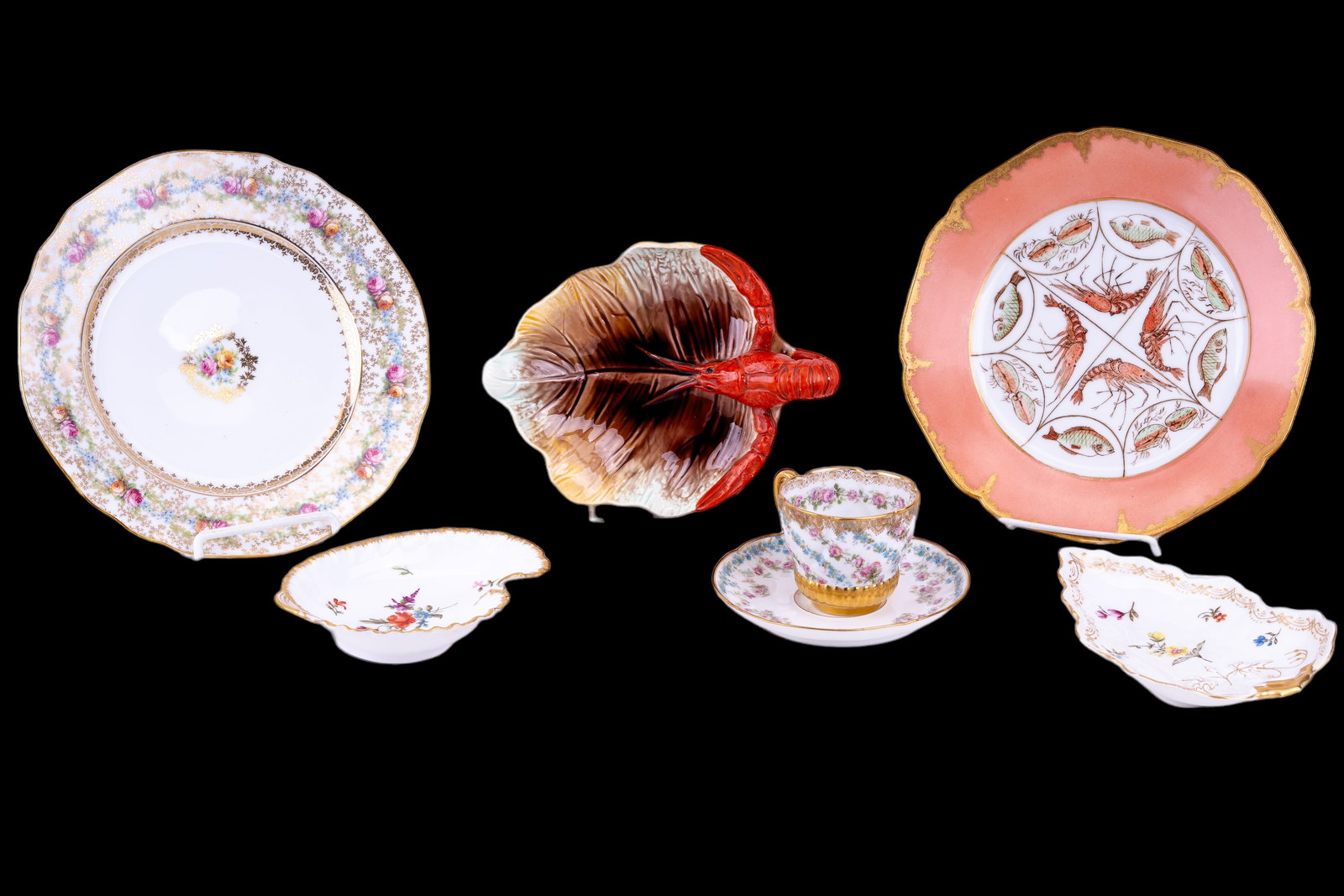 Limoges, Haviland & More Porcelain: Tea cup and saucer marked H&Co France Haviland & Co. for Wright Tyndale van Roden Philadelphia. C. Ahrenfeldt Limoges France plate, H&Co crayfish plate, crayfish and leaf plate (signed and numbered on