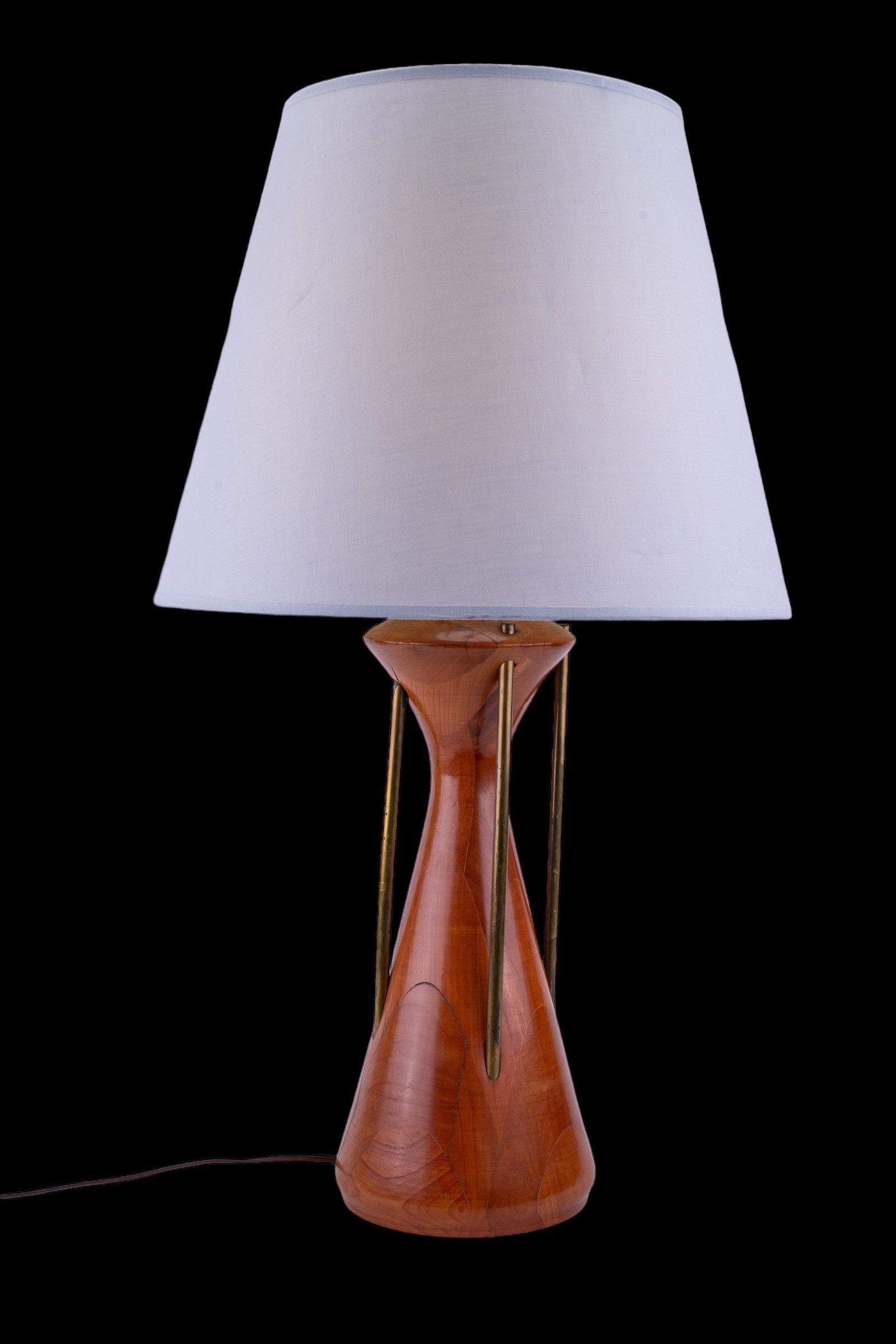 Vintage MCM Vintage Wood Table Light: Solid wood Mid Century solid wood table lamp with shade. Base is a thick solid layered wood accented with 4 brass elements. Measures approx 29" H from base to top of finial. Has attached cord, but may