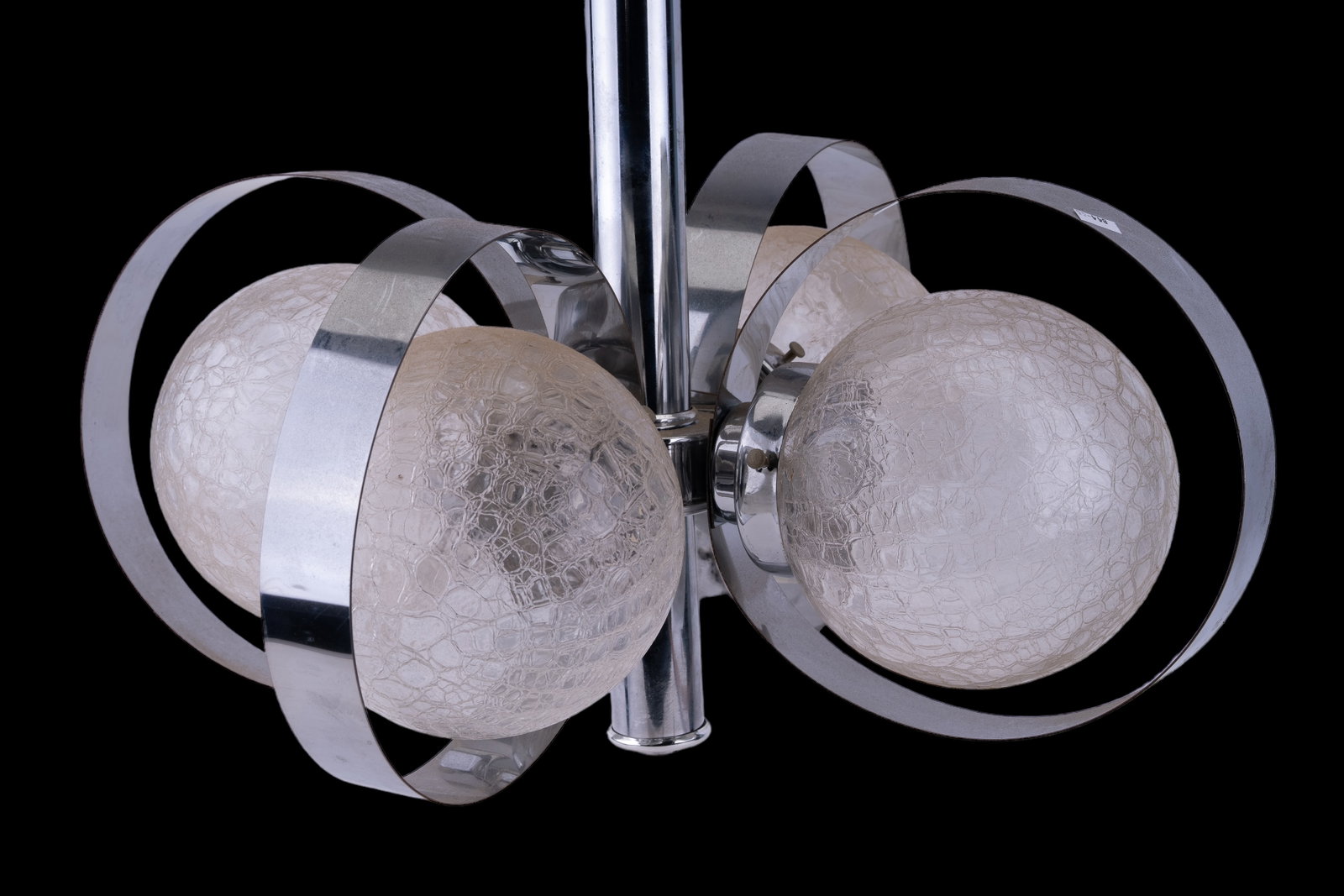 MCM Crackle Glass Chandelier: Mid century modern chandelier, measuring approx 16" L without chain x 21" W. Features four crackle glass globes that are covered with silver tone metal hoops.