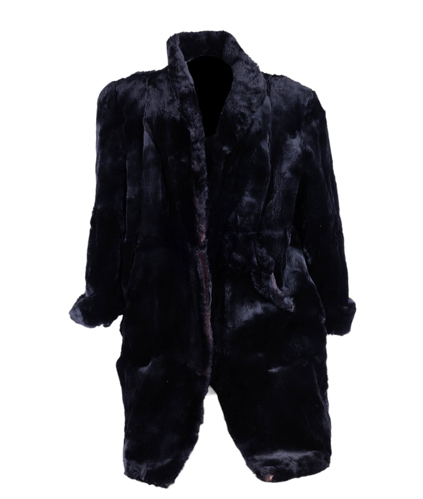 Antique Sheared Black Beaver Coat: Black sheared beaver fur coat measuring approx 39" L, 30" L pit to pit. One of the pockets has separated and would need to be re sewn. There is some loss to the interior as seen in photo.