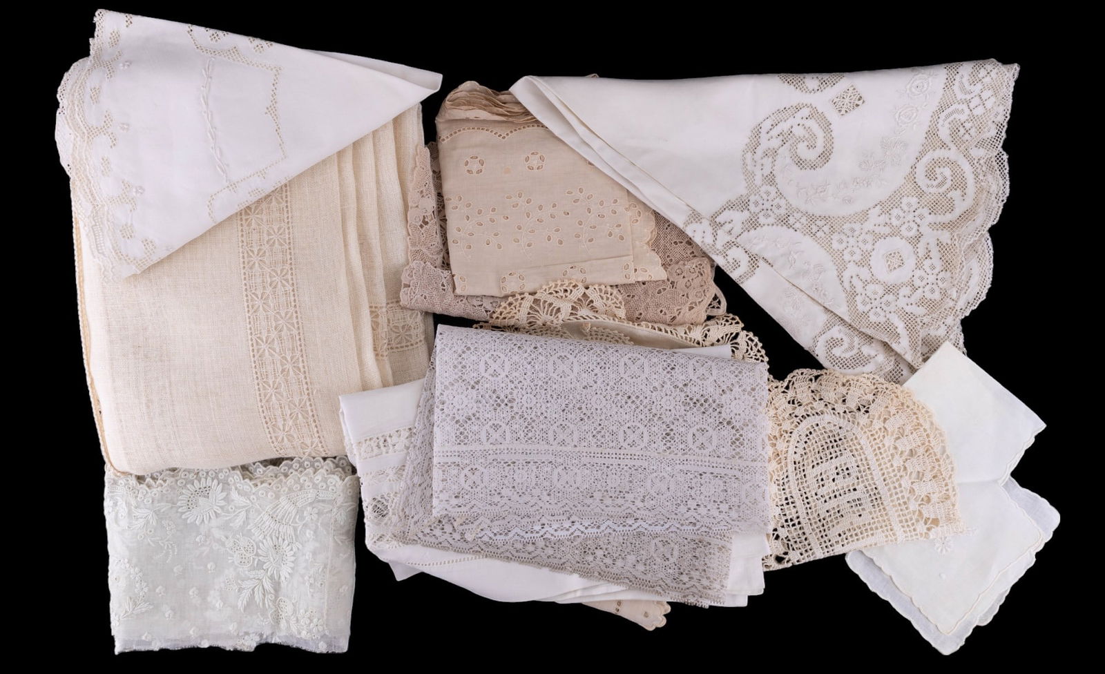 Lace, Doilies, Table Linens (16 Pcs): 16 pieces of lace, doilies and table linens. One is a large table cloth.