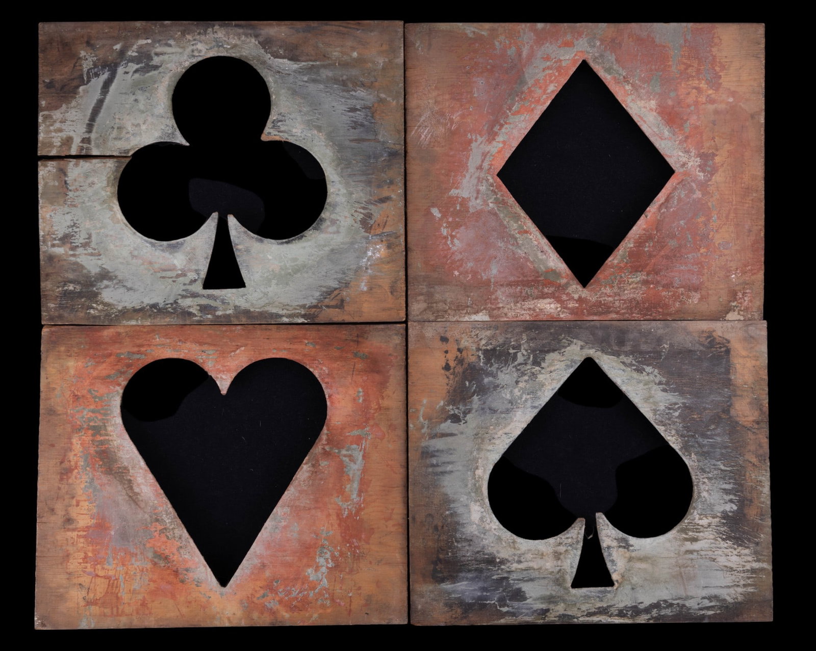 Antique Card Suit Wooden Stencils: Wooden stencils that were hand made for stenciling a card suit. Measure approx 11.5" x 14". Includes a heart, diamond, club and spade.