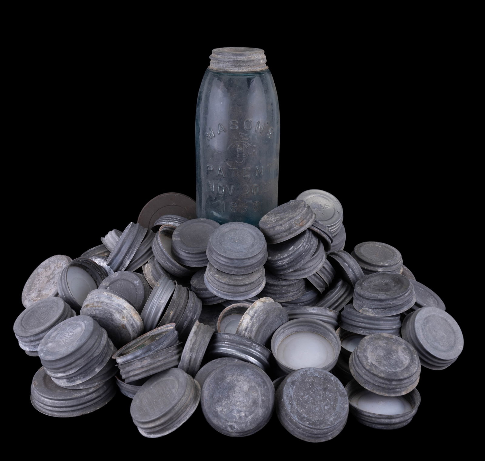 Mason Jar & Glass Lined Zinc Lids: Includes a JC 1858 blue Mason jar and 85 glass lined zinc lids.