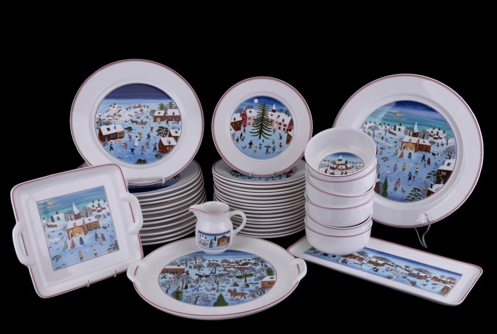 Villeroy & Boch Dinnerware Set: Villery & Boch Naif Christmas dinnerware set includes (12) dinner plates, (17) snack plates, (6) soup bowls, a creamer, bread plate, m(2) serving platters and a small square tray.