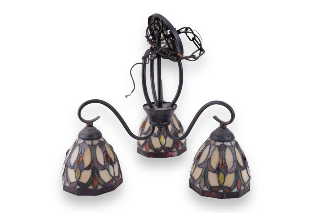 Vintage Stained Glass Hanging Light: Vintage stained glass hanging light with 3 lamps and chain hung. Needs to be rewired.