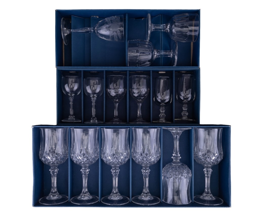 French Crystal Stemware: 15 pieces of French crystal stemware including a box of 6, box of 3 and one full box of 6 matching. Not all match in this lot.