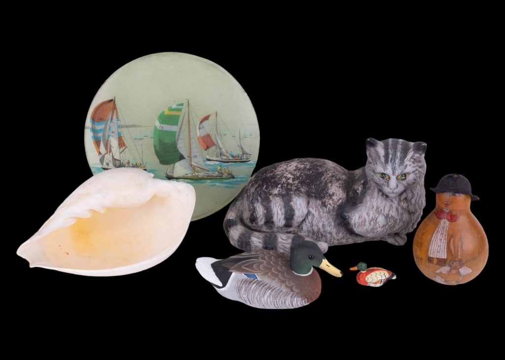 Gourd, Cat, Seashell, Ducks & Other Decoratives: Life Size garden cat decoration, artisan "Sadie and her rabbit" gourd signed Karen Lee Spencer 1994, large shell, 2 duck (mallard signed V. Hill 10/21/88), hand painted plague signed GG, duck pencil s