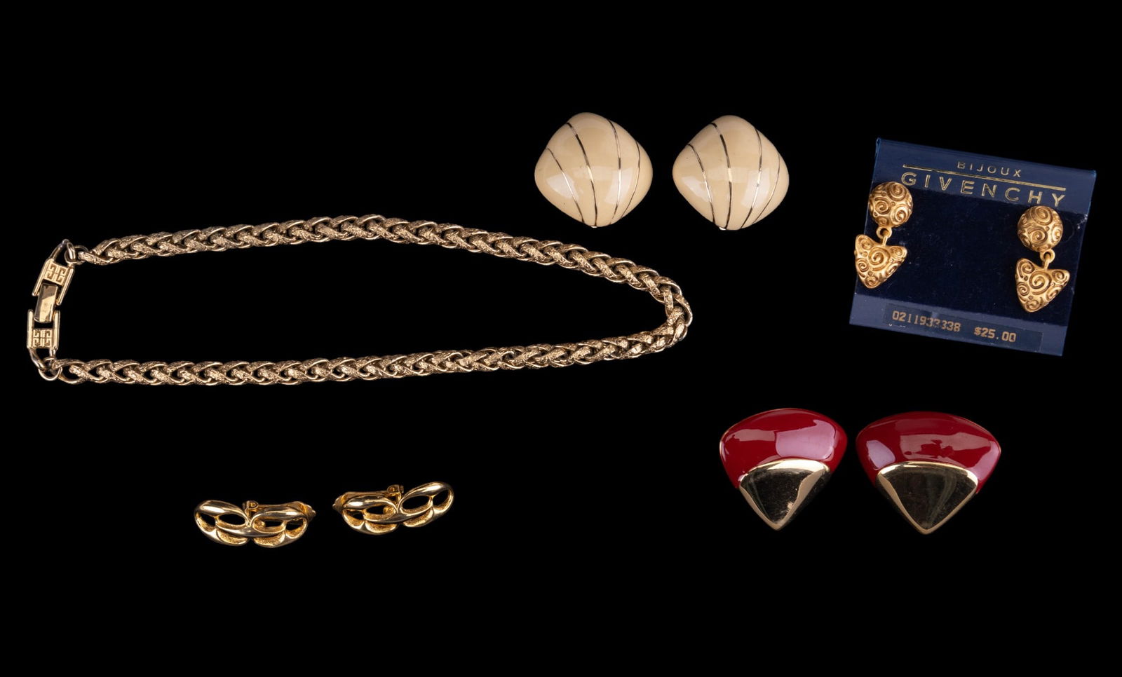 Givenchy & Estate Vintage Jewelry: Givenchy gold tone fancy link necklace and earrings on original card, Ciner square white enamel clip earrings and more.