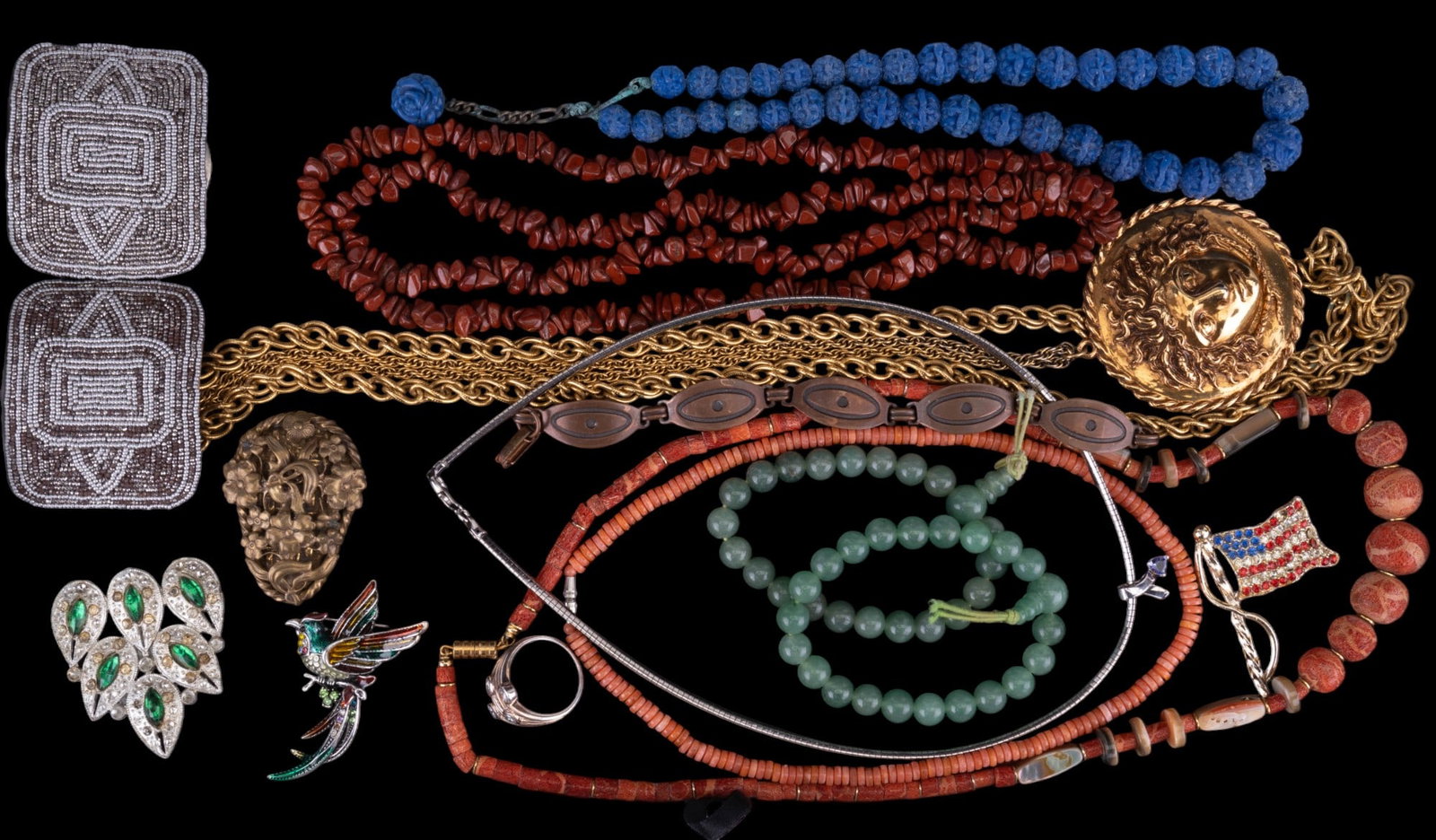 Vintage Estate Jewelry Collection: Sampling includes large gold tone Azva Museum replica medusa head necklace, Art Deco shoe clips, flexible jade bracelets, coral necklace, glass necklace and more.