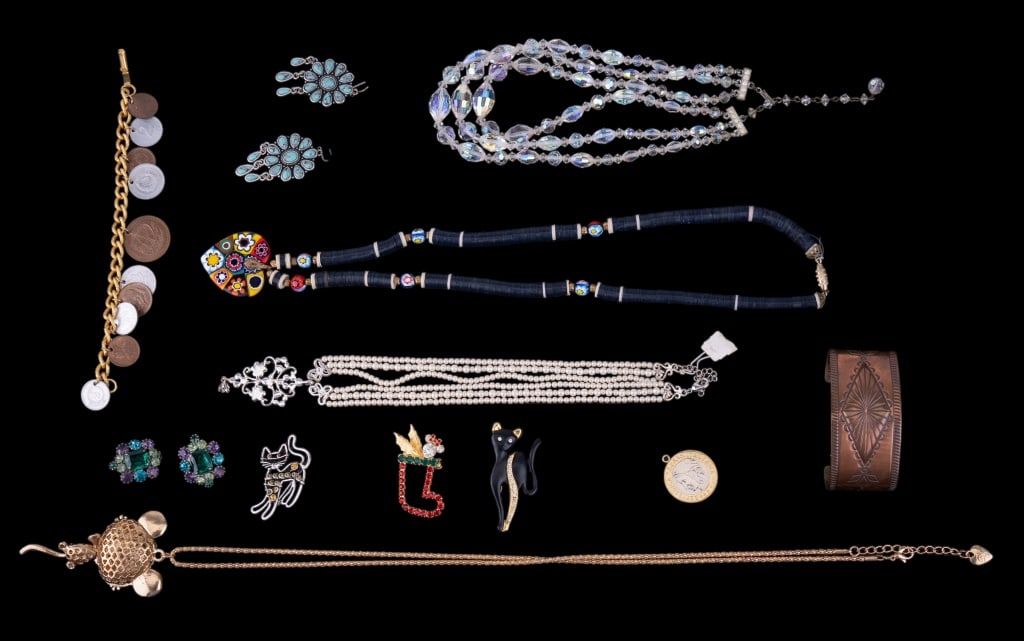 Estate Vintage Jewelry: Sampling includes southwest style bracelet and necklace, Betsey Johnson large marsupial necklace, coin type bracelet, rhinestone earrings, crystal necklace and more.