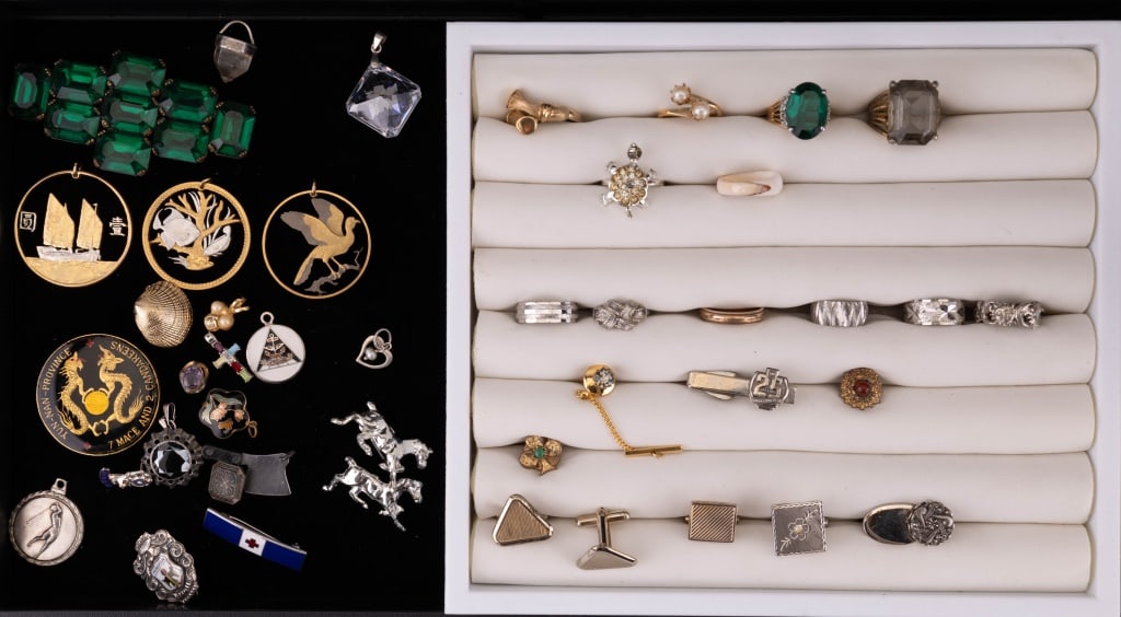 Rings, Cuff Links & More Costume Jewelry: Variety of jewelry including rings, pendants, pins, cuff links and more. There is one GF ring and more costume rings. Also includes Siam style pendants made with coins and more.