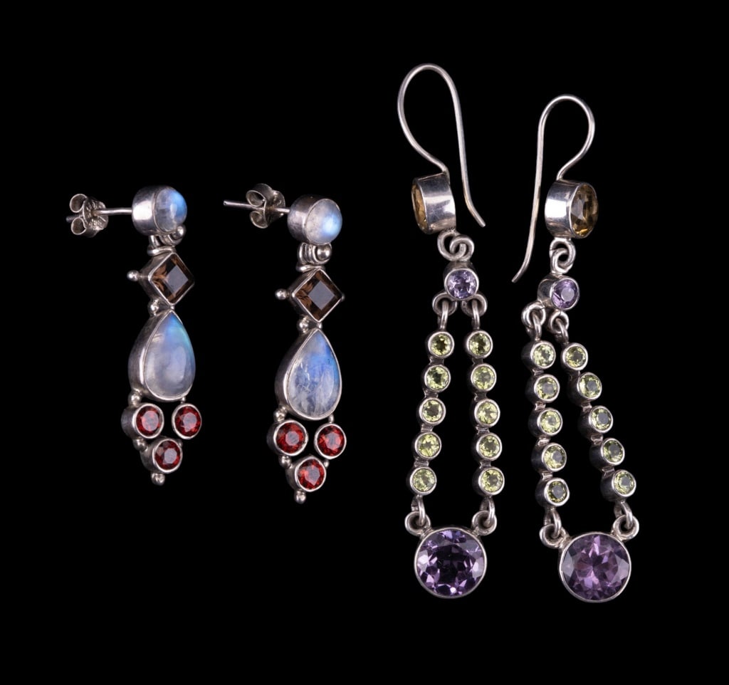 Semi-Precious Gem Stone Earrings: Fine amethyst, citrine, peridot sterling silver chandelier style drop earrings and moonstone, smoky quartz with red stone hue accent drop earrings.