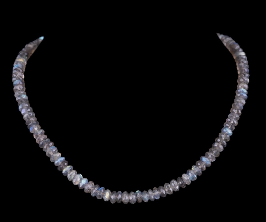 Labradorite Necklace: Fine, multi-hue labradorite faceted necklace with garnet accent gold fill closure.