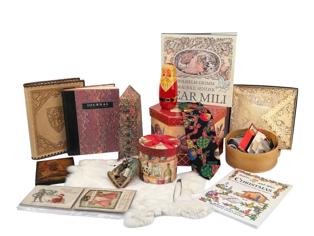 Christmas, Sewing, and Decorative Items: Variety of Christmas items and more including box of Christmas balls, tie, Santa nesting dolls, antique postcards, bag holding knitting needles and yarn, 2 journals, 2 books, mug and more.