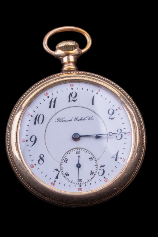 Illinois 1898 Pocket Watch: Illinois 1898 pocket watch. Serial number 1405570. Size 16, 16 jewels, grade 183, model 5, lever set, 20 year Keystone gold filled case, runs, minor brassing on case.