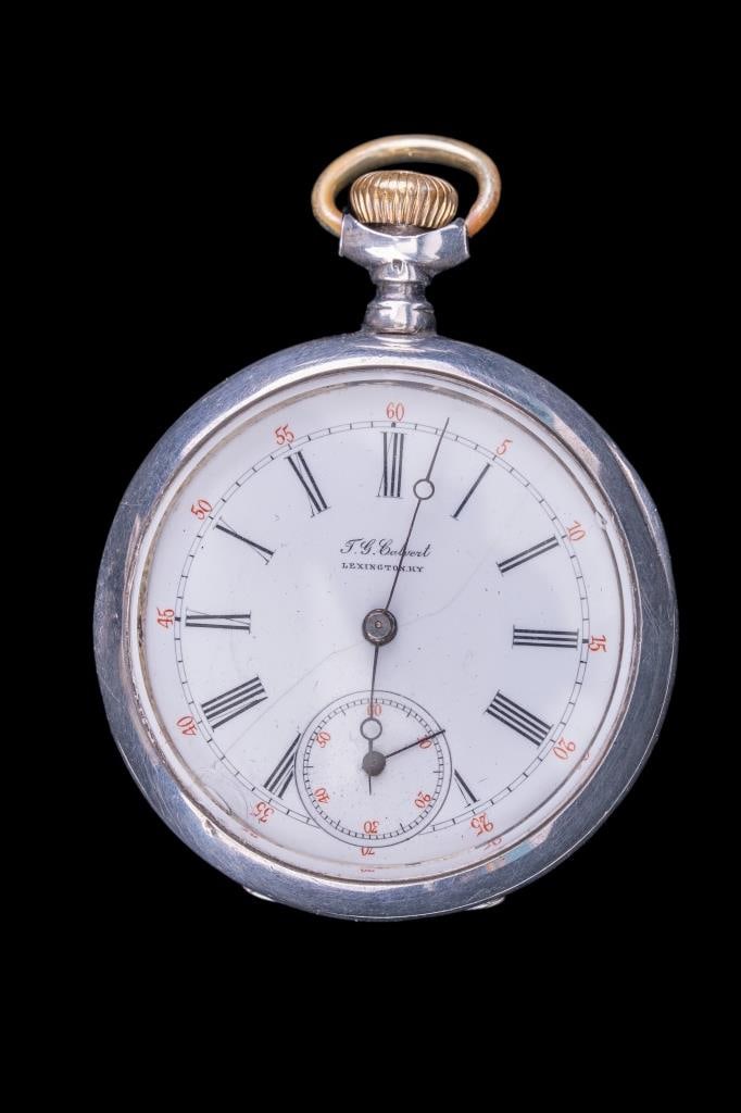 Private Label T.G. Calvert Kentucky Pocket Watch: Private Label T.G. Calvert, Lexington Kentucky. Size 12. No serial number. Sterling Silver case. Not running.