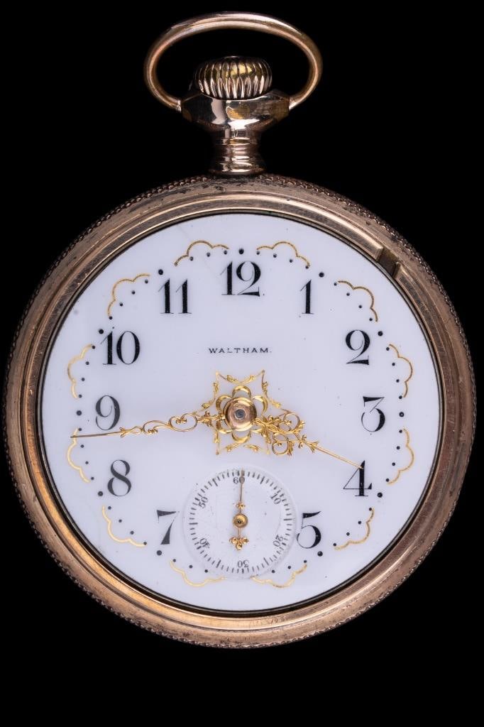 Waltham Antique 1899 Pocket Watch: Waltham antique 1899 pocket watch. Serial number 8735139. Size 16, 7 jewels, grade 610, model 1899, pendant set, Wadsworth gold filled pilot case.