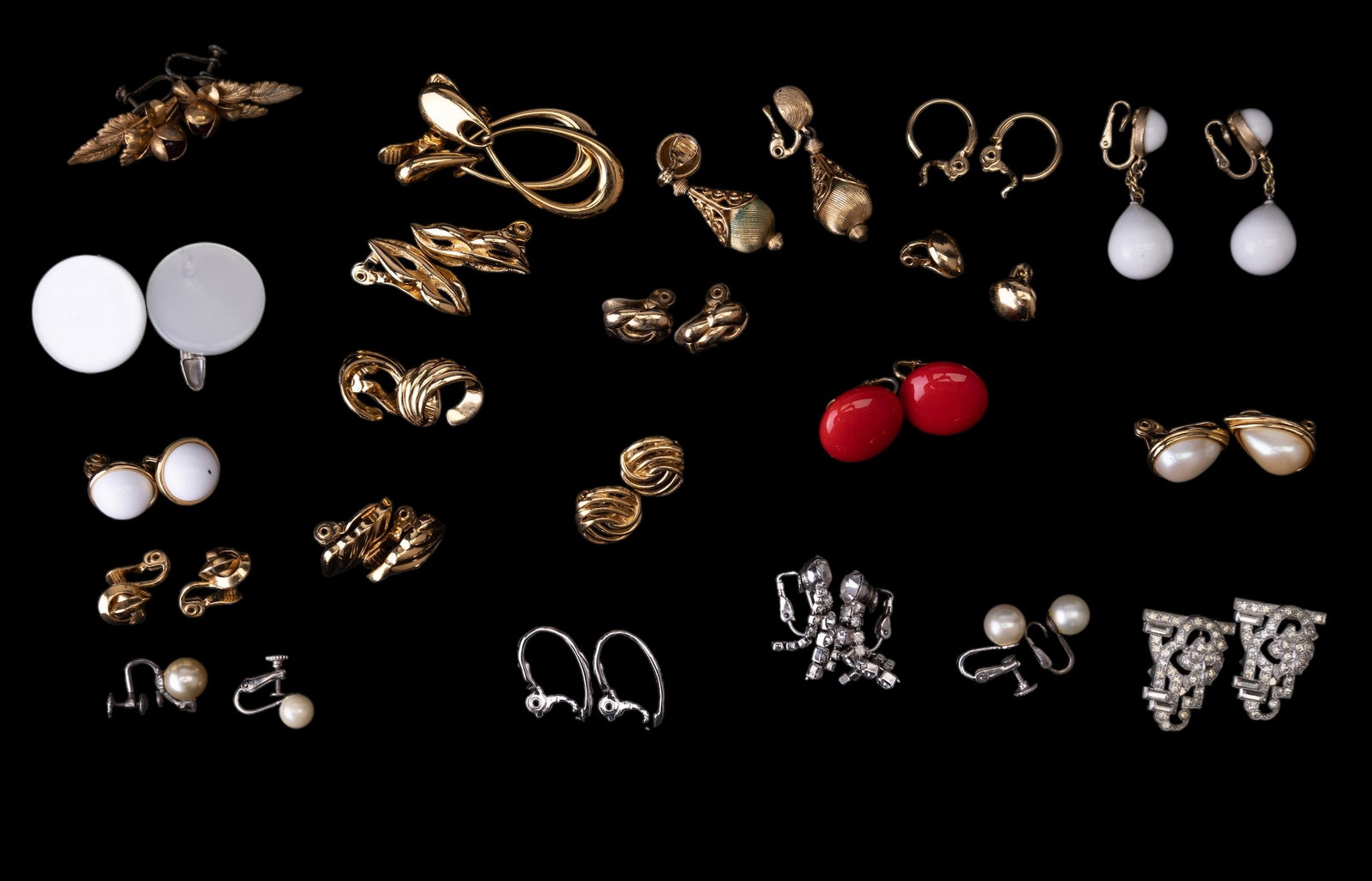 Costume Earrings (21 Pairs): 21 pairs of earrings including 11 pairs of Monet, a pair of Trifari and 2 Marvella.