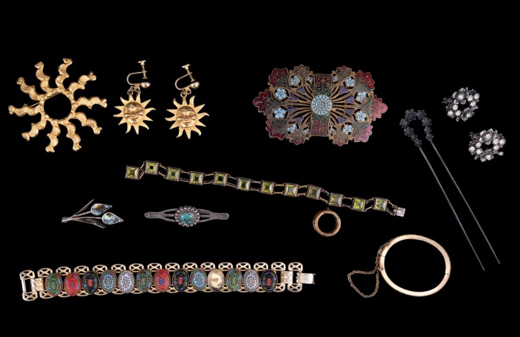 Costume Jewelry: Includes Alva Museum Studios (sun brooch and earring set), real turquoise Native bar pin (not marked), abalone and sterling flower pin, 14K gold and peridot bracelet.