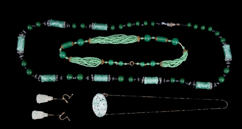 Jade, Sterling and Glass Jewelry: Jade, Sterling and Glass Jewelry including a jade white/green pendant with sterling necklace, pair of jade figural earrings, a 14" drop glass and faceted beaded necklace and a necklace with green and 