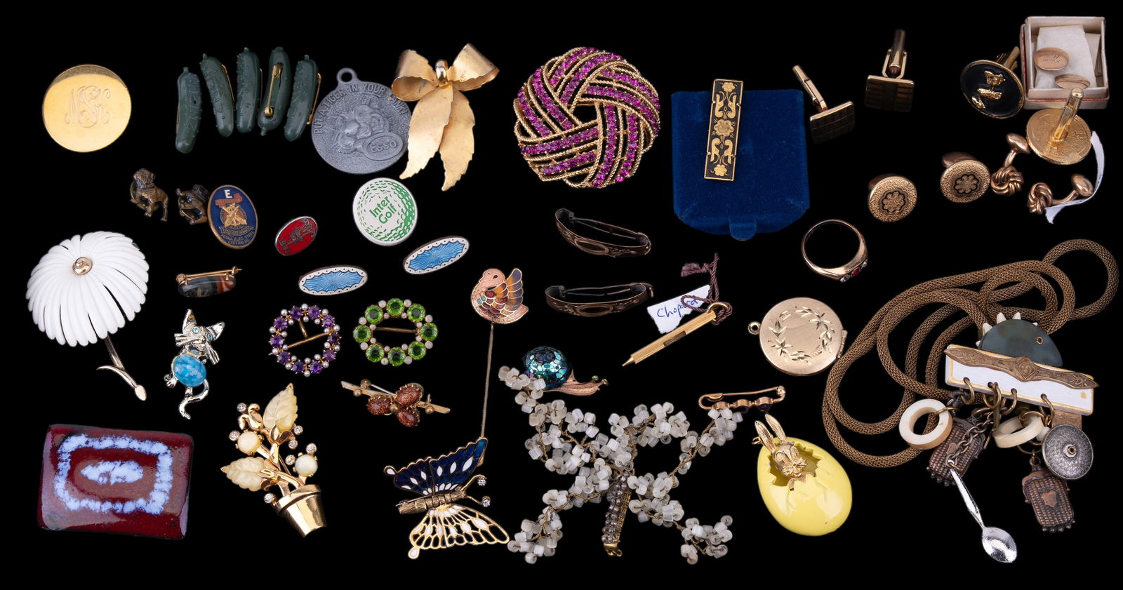 Vintage Men's and Women's Jewelry: Vintage Men's and Women's Jewelry including Heinz Pickle pins, 2 Trifari brooches , gold plated ring, Chopard stylist, jade tree type pin, locket and various other pins, cufflinks and a necklace