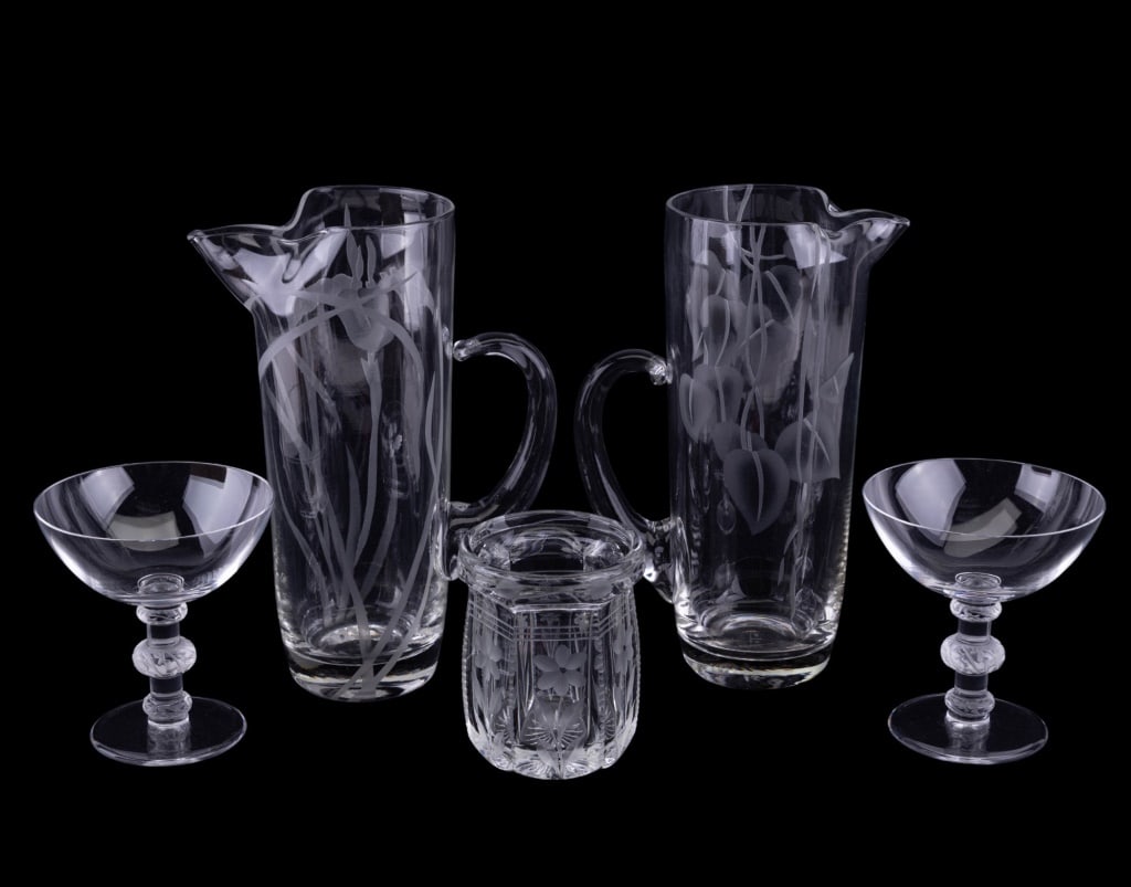 Pair of Lalique Crystal Sherbets, Crystal Cocktail: Pair of Lalique Crystal Sherbets, pair marked crystal/glass cocktail mixers and an etched glass vessel. The cocktail mixers stand approx 9" h.